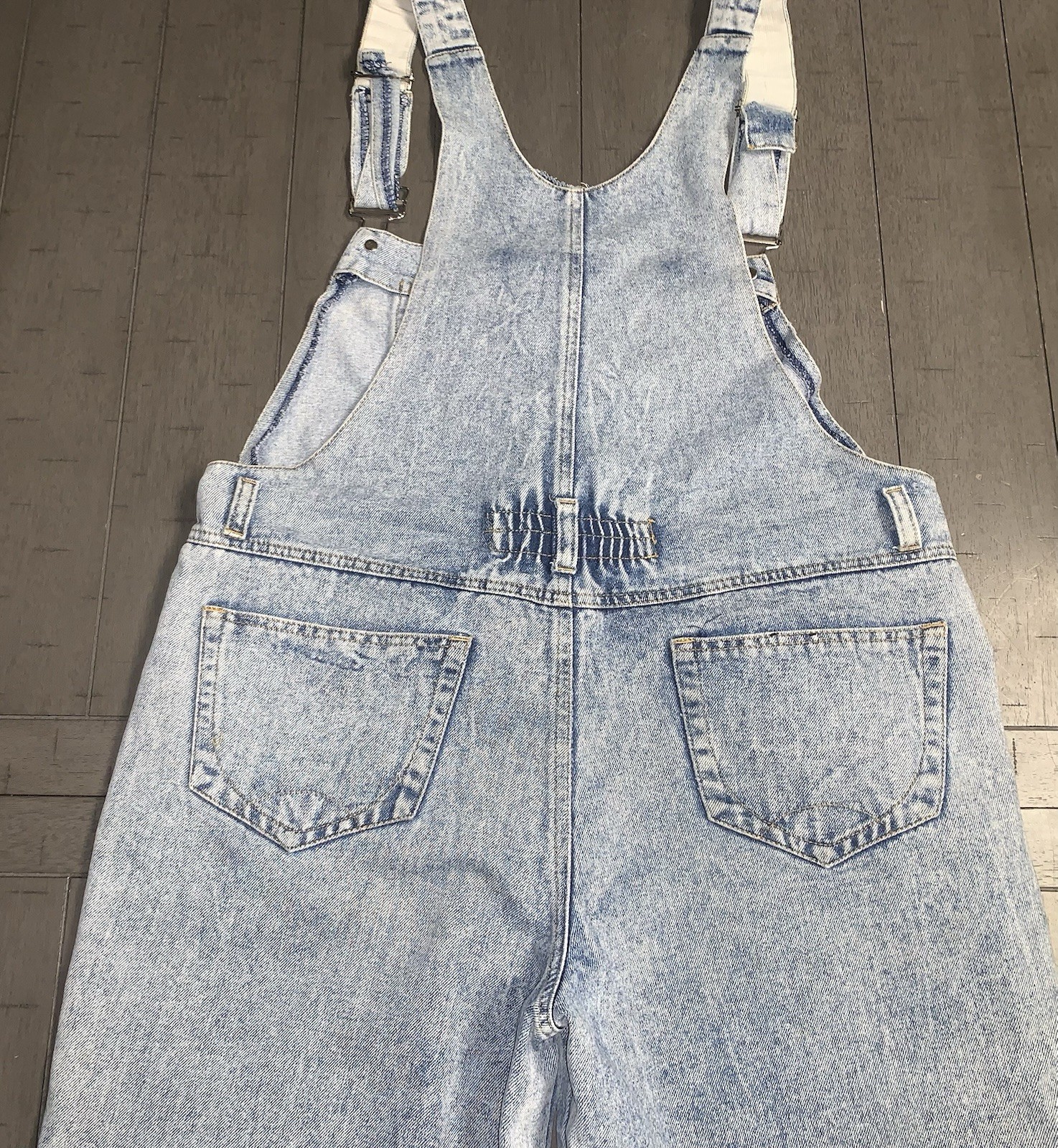 A2 90s WOMENS MEDIUM ACID WASH BUGLE BOY COMPANY BIB OVERALLS FLY GIRL 34 X27”