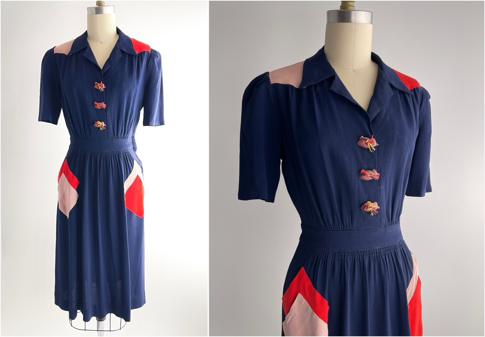 1930s Vtg Saindon Navy Blue Rayon Crepe Dress Red Pink Trim Novelty Nut Buttons