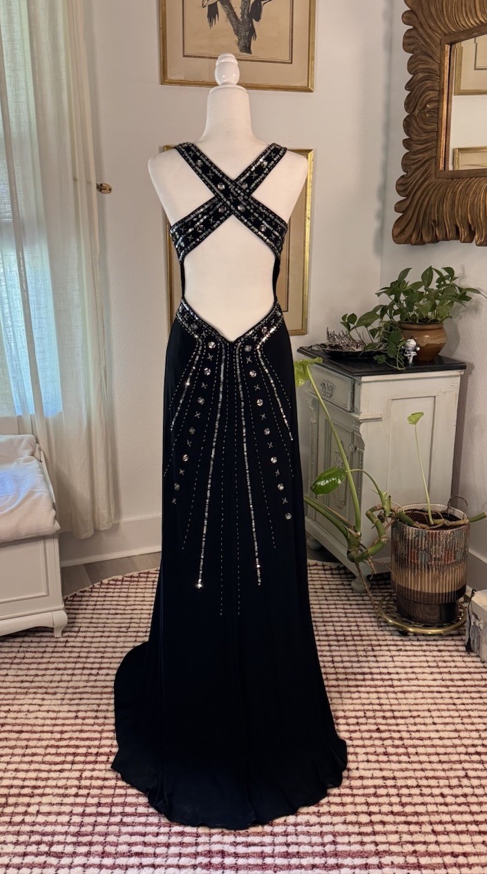 Stunning 90s Vintage Black and Silver Beaded Floor Length Gown