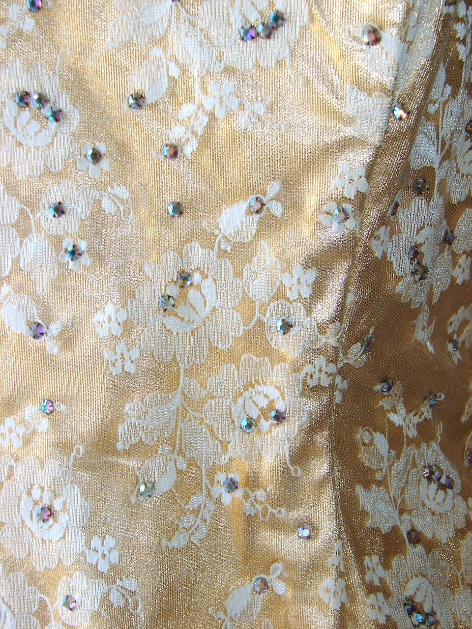 1980s GOLD LONG DRESS w/Lace and Rhinestones; Fancy Trim d1-2