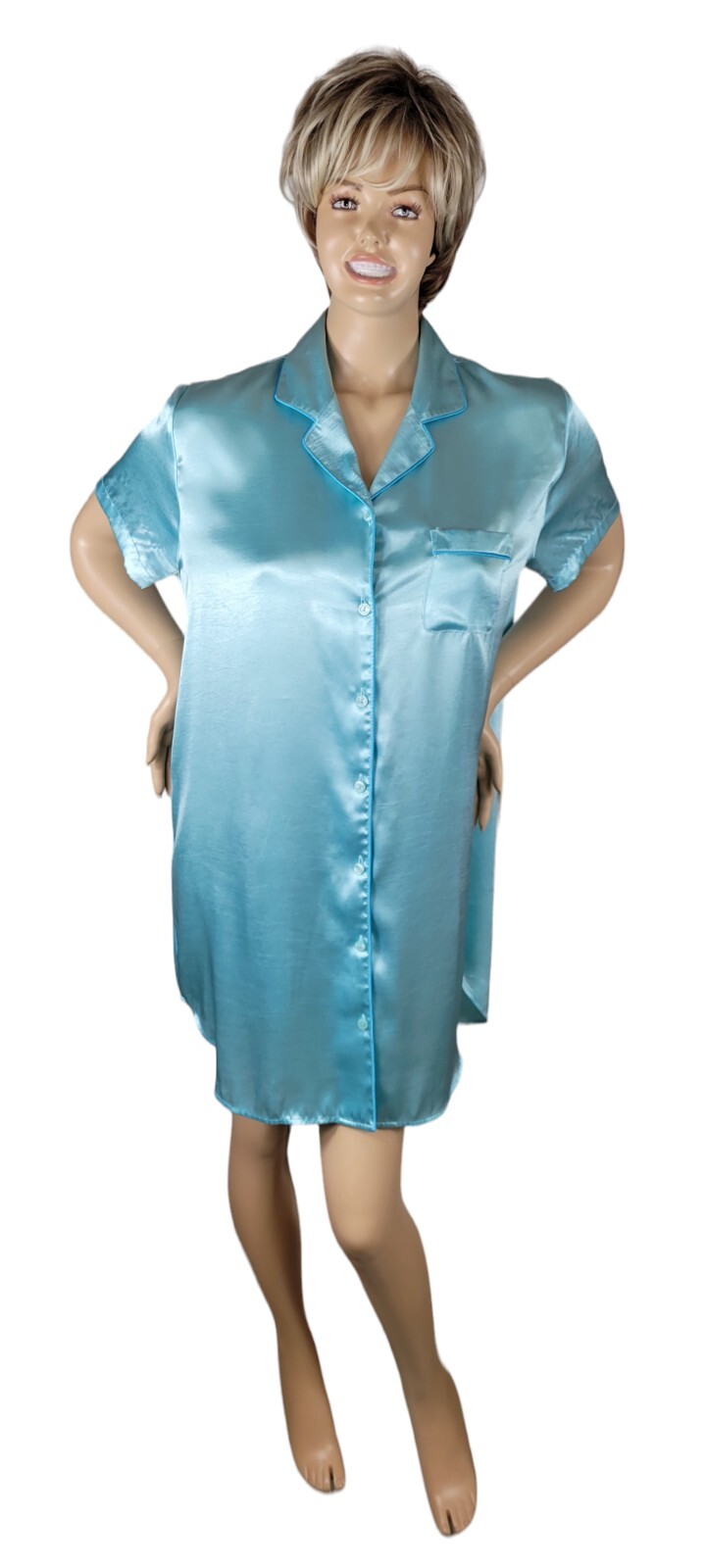 Vintage 90’s Delicates Liquid Satin Poly Turquoise Sleep Shirt Nightgown Sz XL