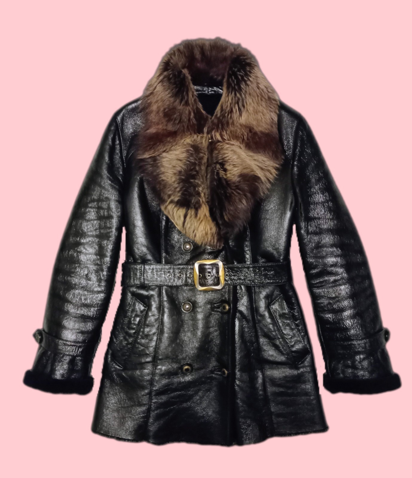 Vintage 00s Women’s Shearling Coat Black Patent Leather Toscana Fur Size L