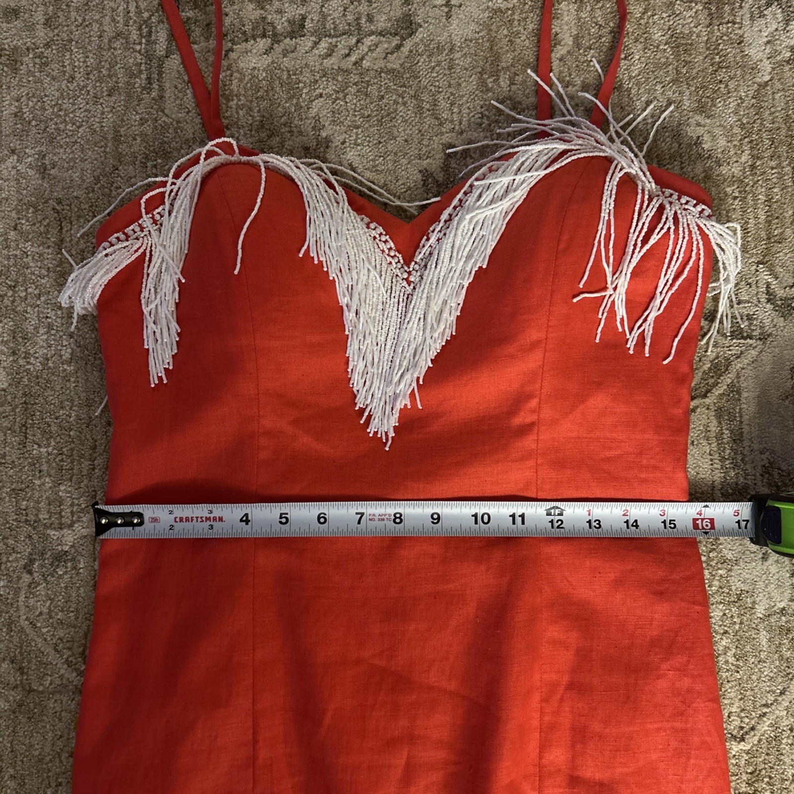 Vintage Pia Rucci Dress Red Linen Short White Beads Fringe Party 10 Medium 6/8