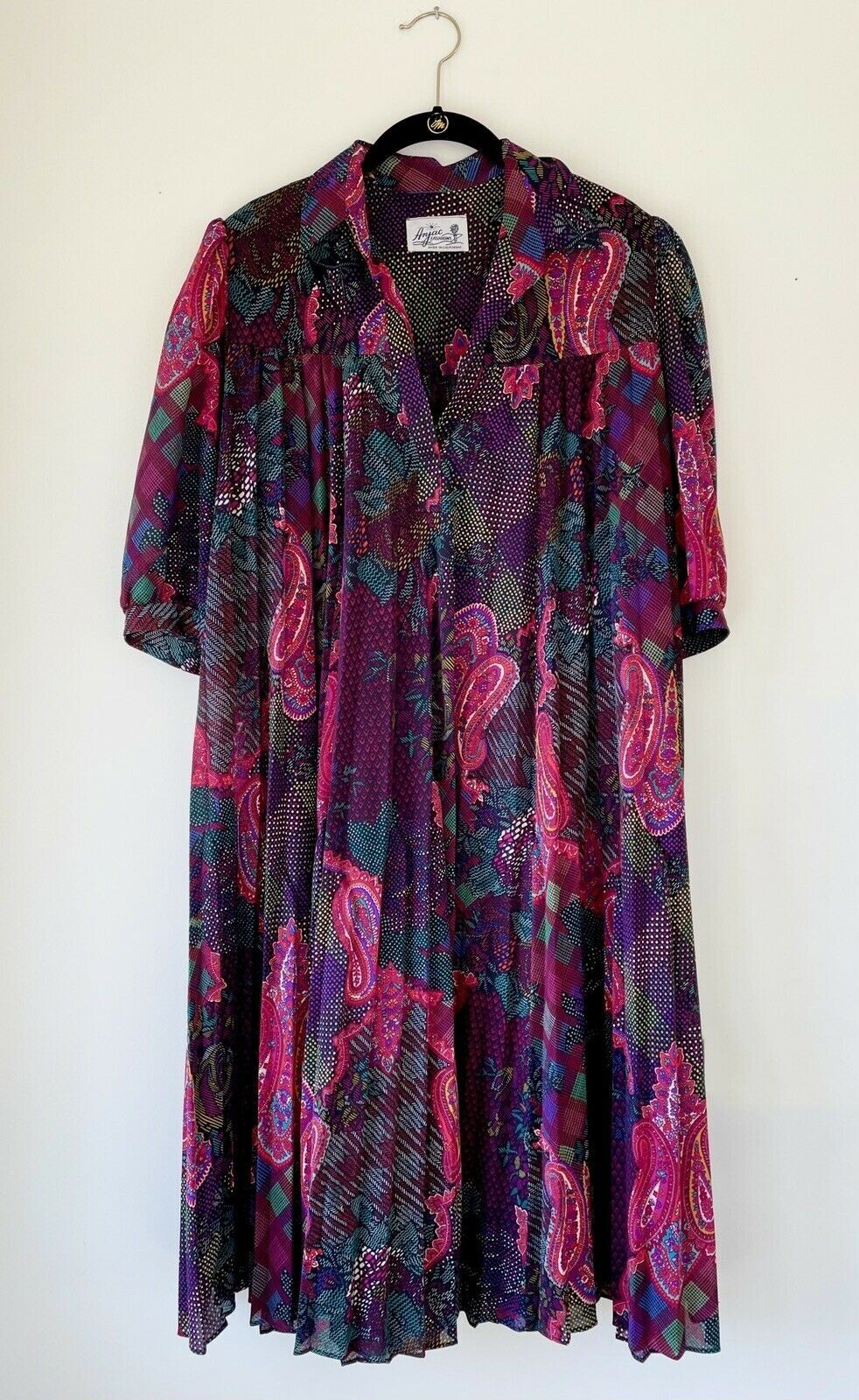 Boho Multicolor Paisley Day Dress ¾ Sleeve Belted Pleated Vintage 70’s