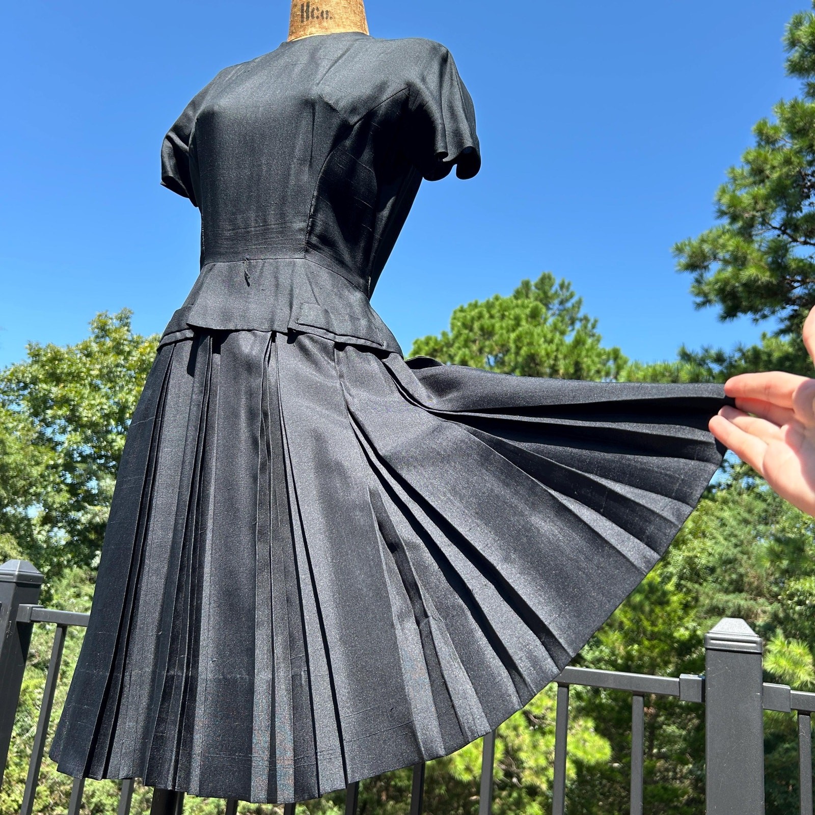 Vintage 50s Black Raw Silk Pleated Peplum Mini Dress by Jonathan Logan XS S