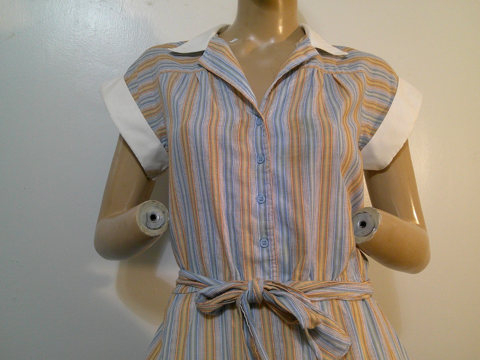 Vtg 70s Does 50s HUK-A-POO Stripe Cottn/Poly Full Sweep Rockabilly Day Dress L