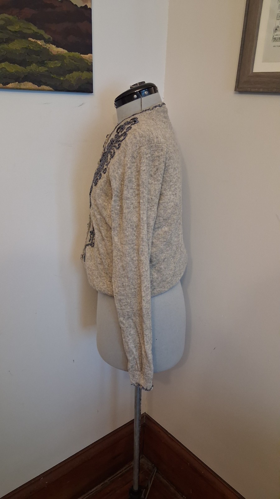 Vintage 1950s Beaded Cardigan, Grey And Black Sz 42 M/L Elegant Embellishedn