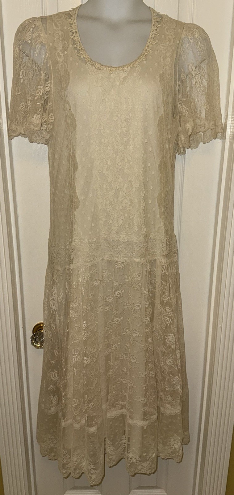 WOMENS VINTAGE VICTORIAN LACE MAXI IVORY OFF WHITE BOHO WEDDING DRESS 15 / 16