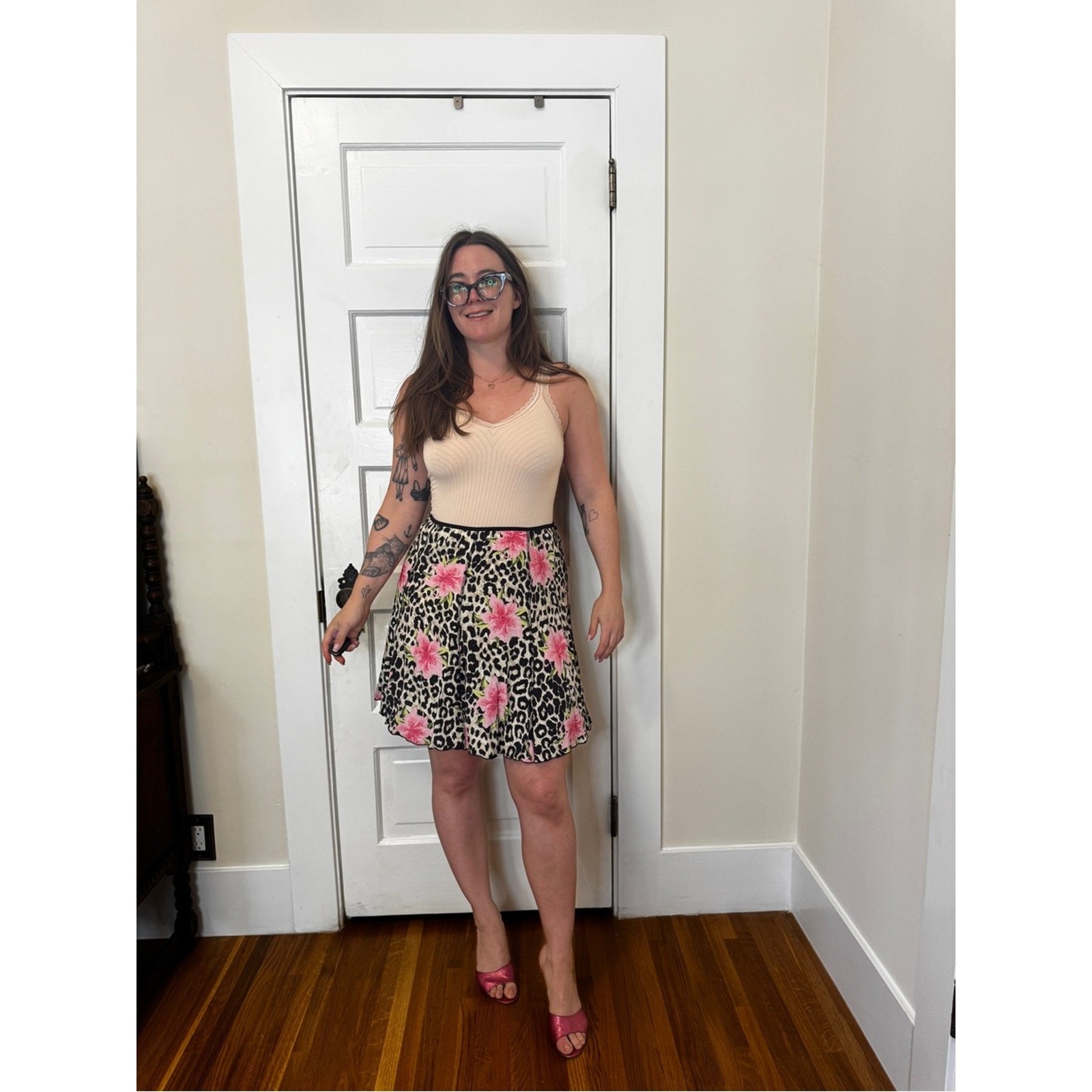 Y2K Vintage Leopard Floral Skater Skirt Sz SM