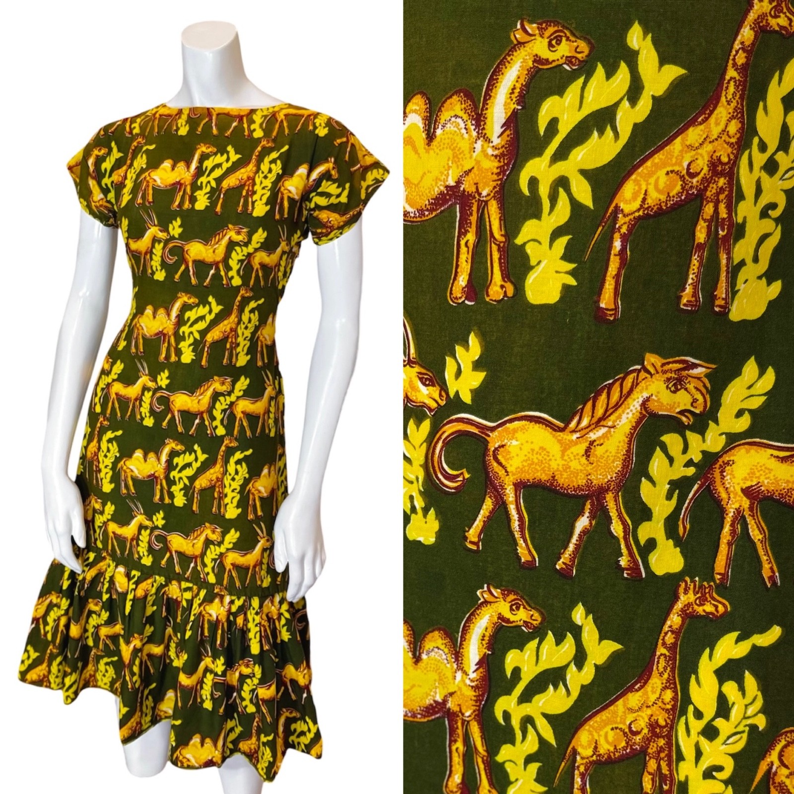 Vintage 1940’s SAFARI PRINT COTTON DRESS S Belted Skirt Ruffle Tiki Animal Print