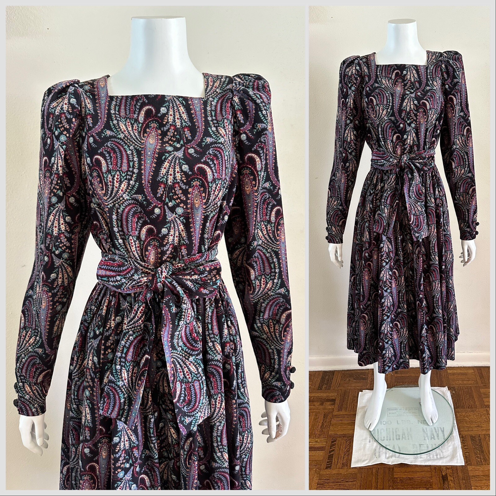 1980s Laura Ashley Paisley Floral Corduroy Dress Puff Sleeve Party Prairie VTG