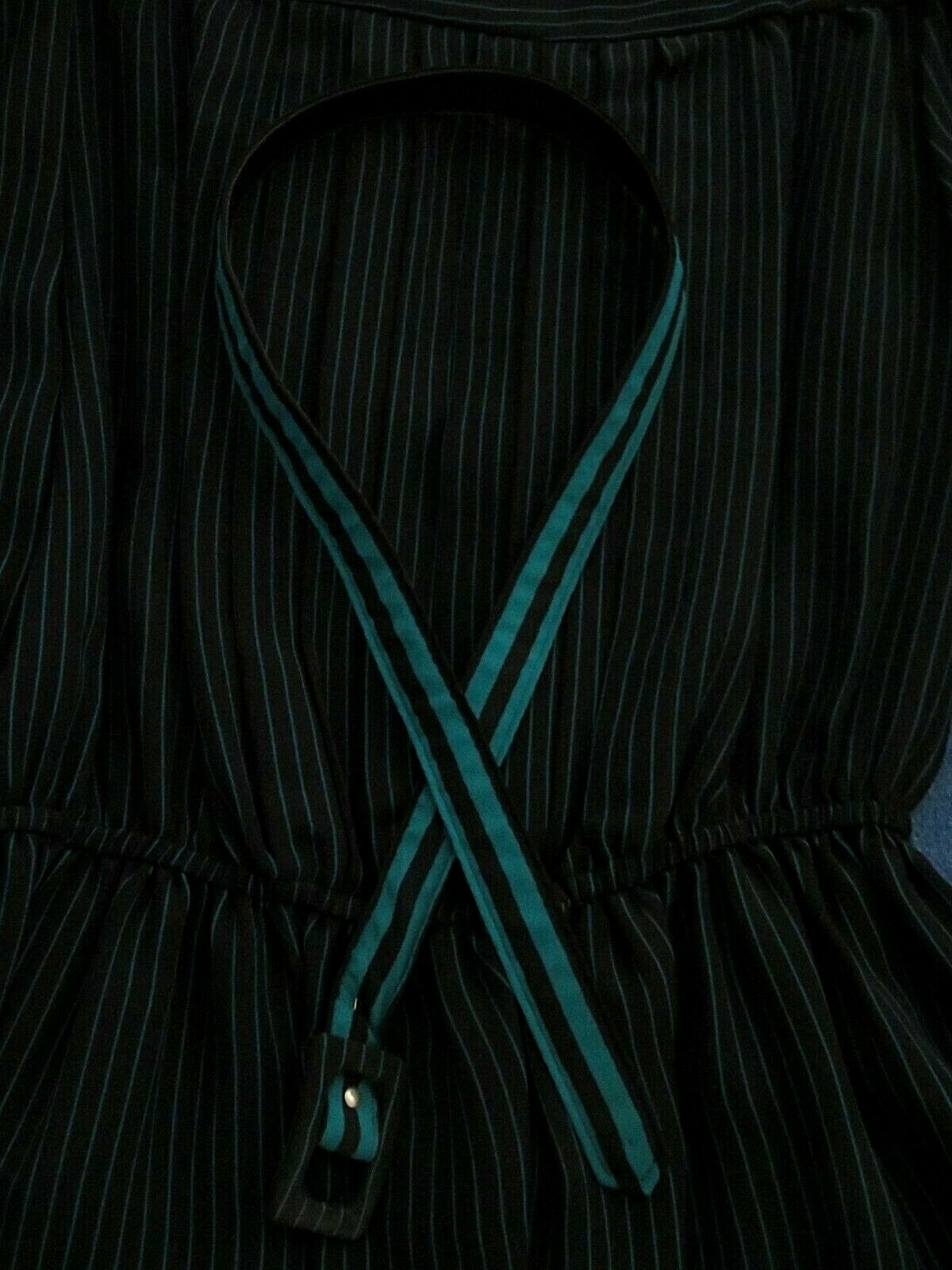 Ladies Vtg BILLY JACK Sheer BLACK STRIPED DRESS ¾ Sleeve Belt Size 11/12 EVC