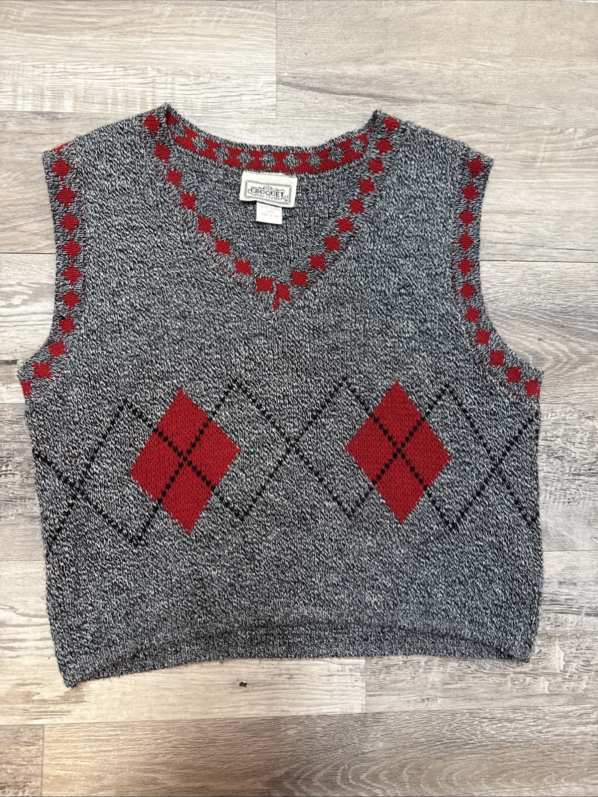 Vintage 90s Croquet Club Womens L Grey Argyle Knit Cropped Sweater Vest Preppy
