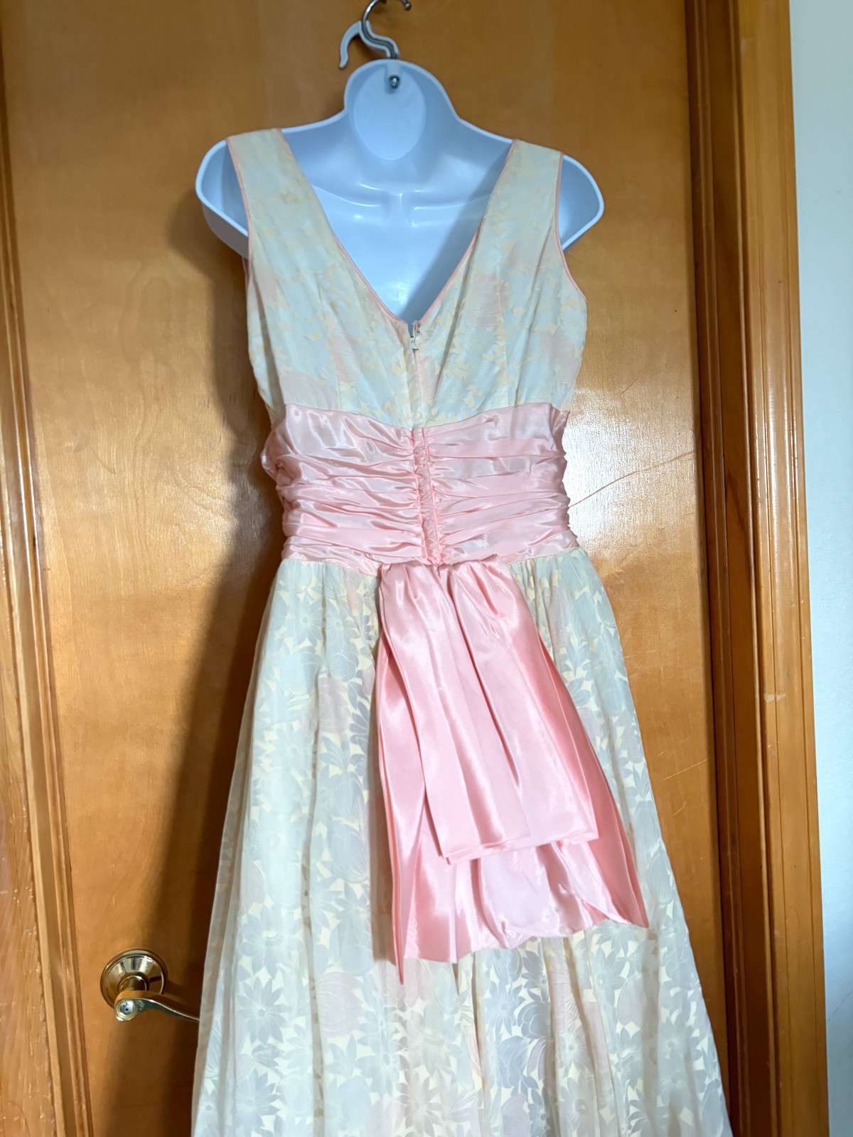 Vintage 1950s Organza Floral Party Dress S, Pink Satin Cummerbund Sash Fit & Fla