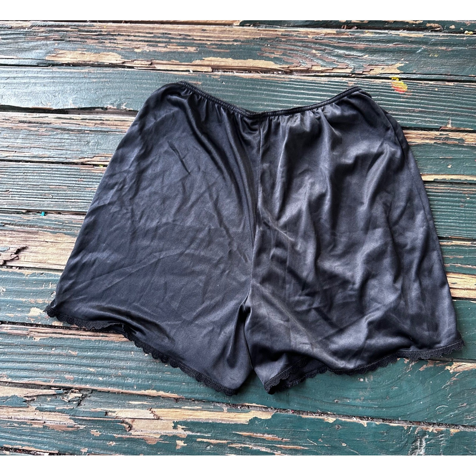Vintage Black Satin Tap Pants Lace Trim Elastic Waist Lounge Shorts Lingerie