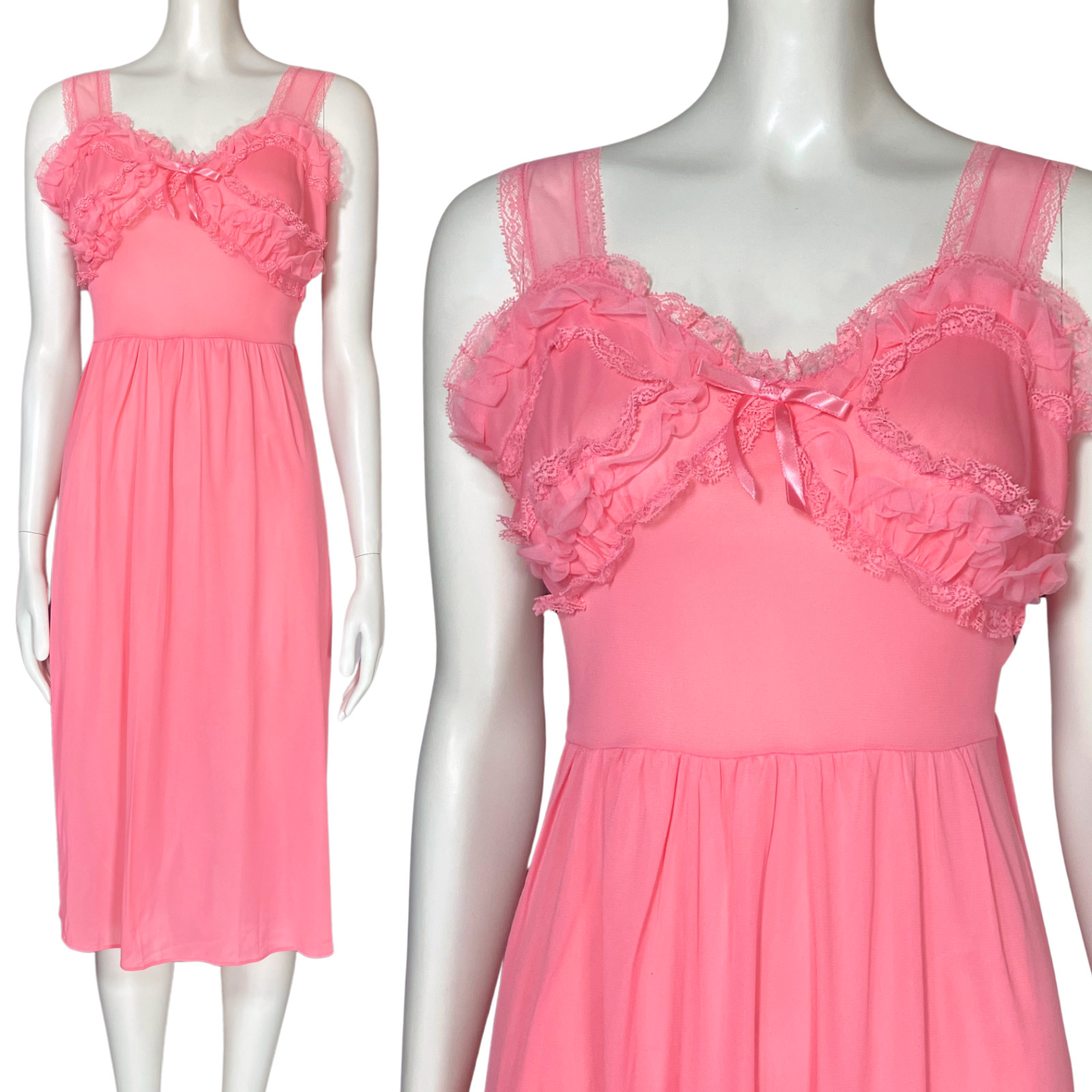 Vintage 60s Barbie Pink Midi Slip Dress Nightgown. Small. Lace Ruffles Coquette