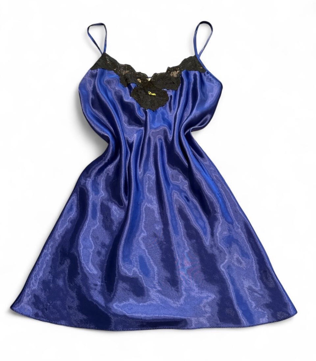 Vintage Blue And Black Satin Slip With Lace Trim Size Large