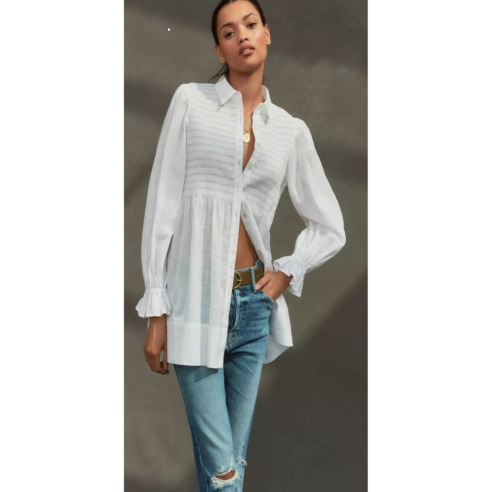 Anthropologie Maeve Vicki Smoked Tunic White Ruffle Sleeve Size Small Button up