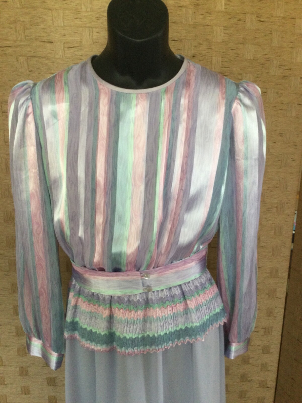 Vintage Marinette Dress 70s 80s 12 M Secretary Semi Sheer Sleeves Pastel