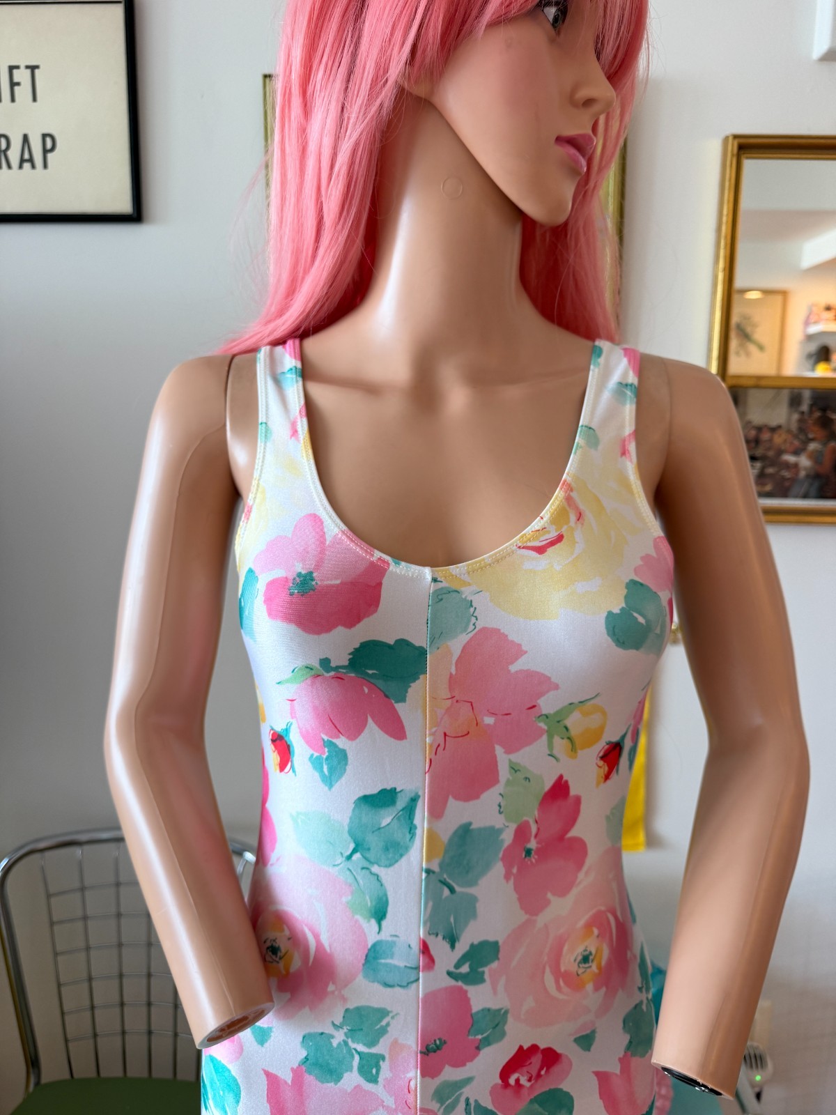 🌸 Vintage 80s Made in USA Floral Pastel Capri Leotard Spandex Jumpsuit M
