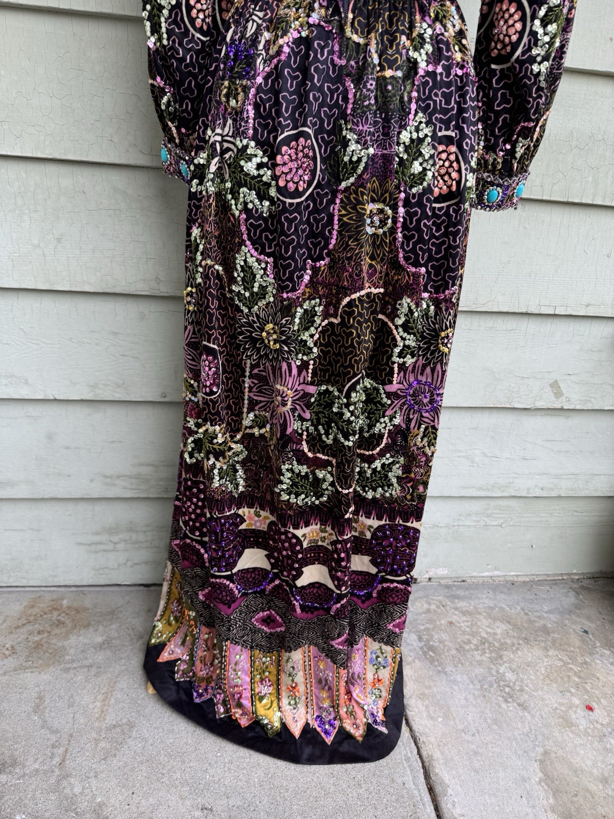 70’s Valentina Ltd Embellished Maxi Dress 12 Boho Sequin Jewels Hostess Gown 28”