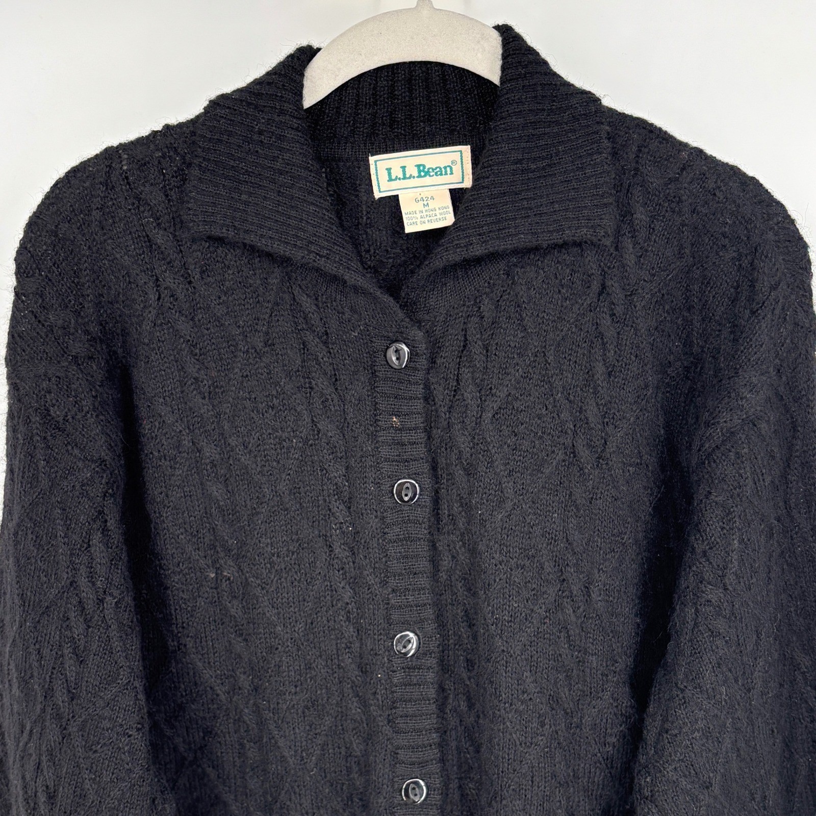 Vintage LL Bean Cardigan Alpaca Wool Cable Knit Button Front Textured Black M