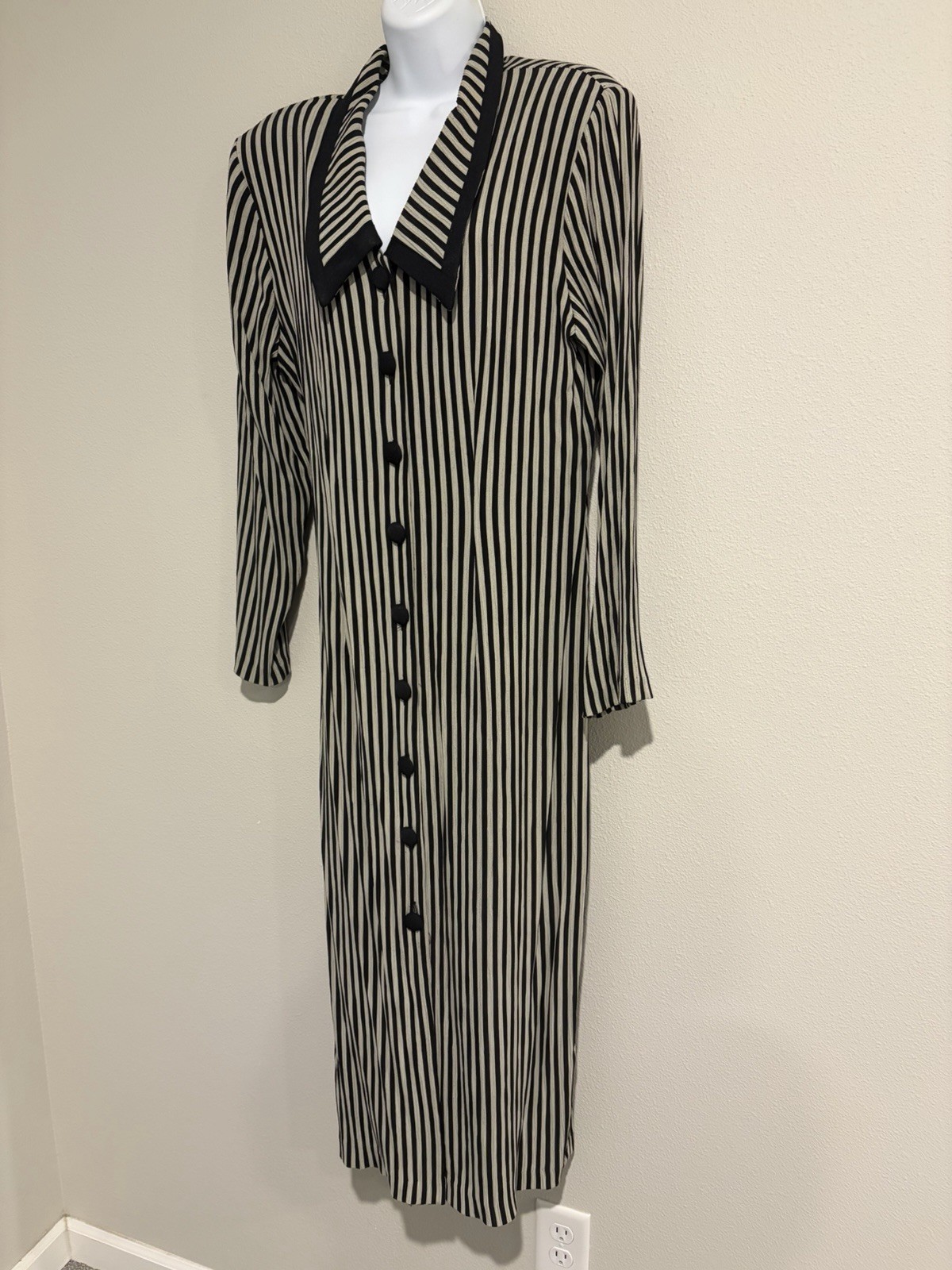 Vtg 90s Dawn Joy Maxi Pencil Dress~11/12~ Black Stripes Button Down Grunge
