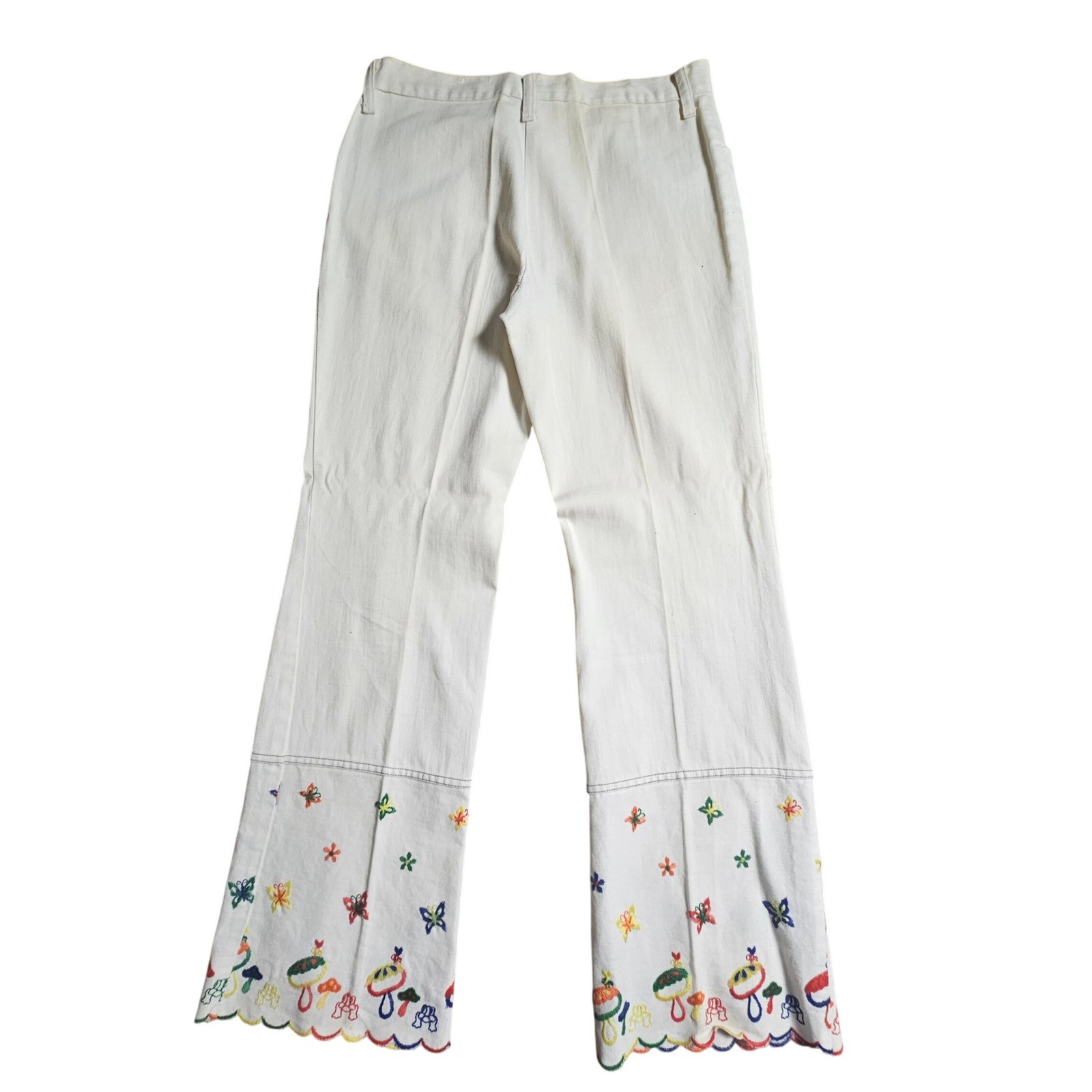 Vintage 70s Mushroom Butterfly Embroidered Flare Jeans 30×29 Scalloped Hem Boho