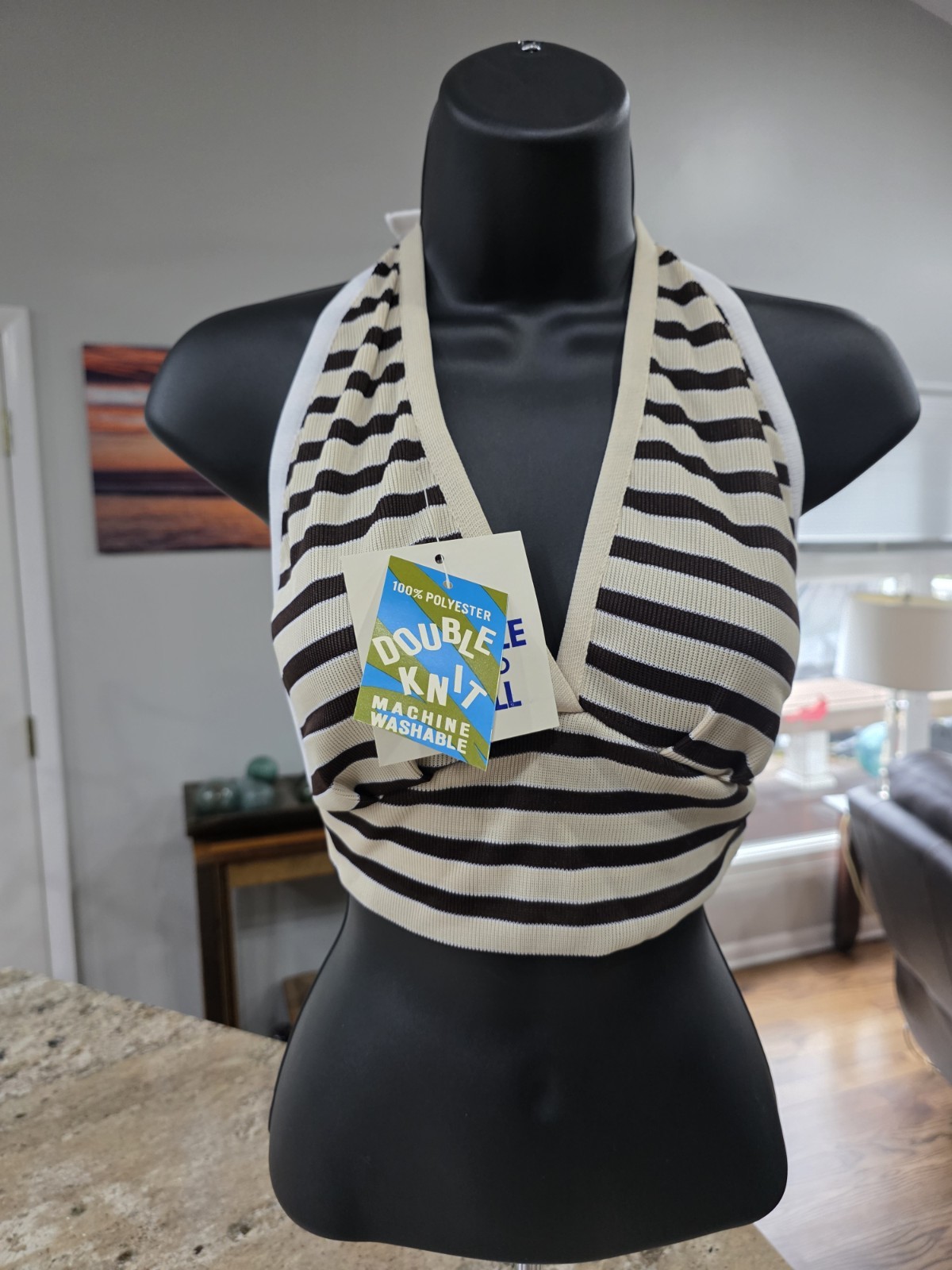 NOS Vtg 1970s Halter Top Double Knit Deadstock One Size Fits All Orange / White