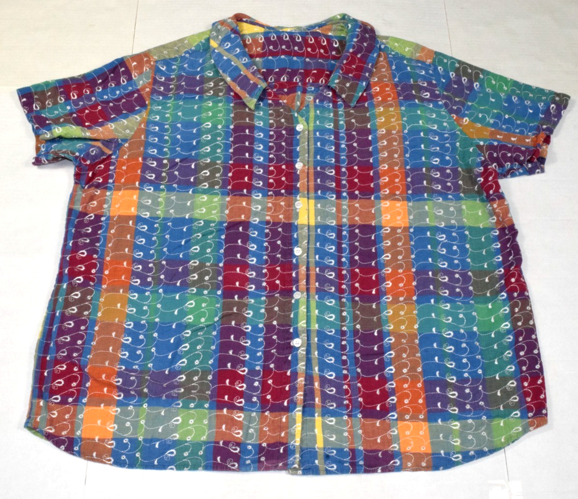 Vintage Womens Blouse Size 5XL 80s Vibrant Colored Plaid White Eyelet Embroidery