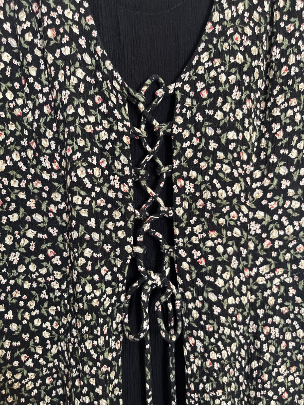 Vintage Brett Alixander Dress 11/12 Corset Tie Front Black Floral Red Green