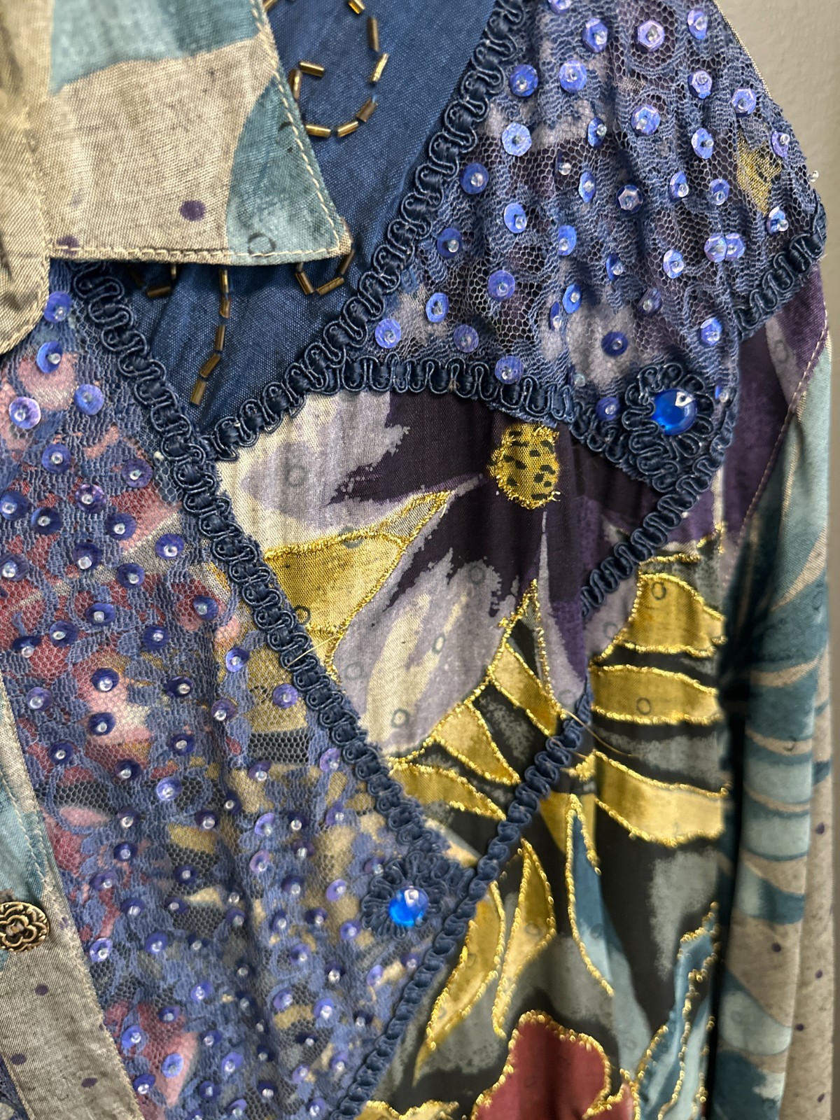 Vintage Jane Ashley Medium Patchwork Beaded Sequin Tunic Blouse Button Top