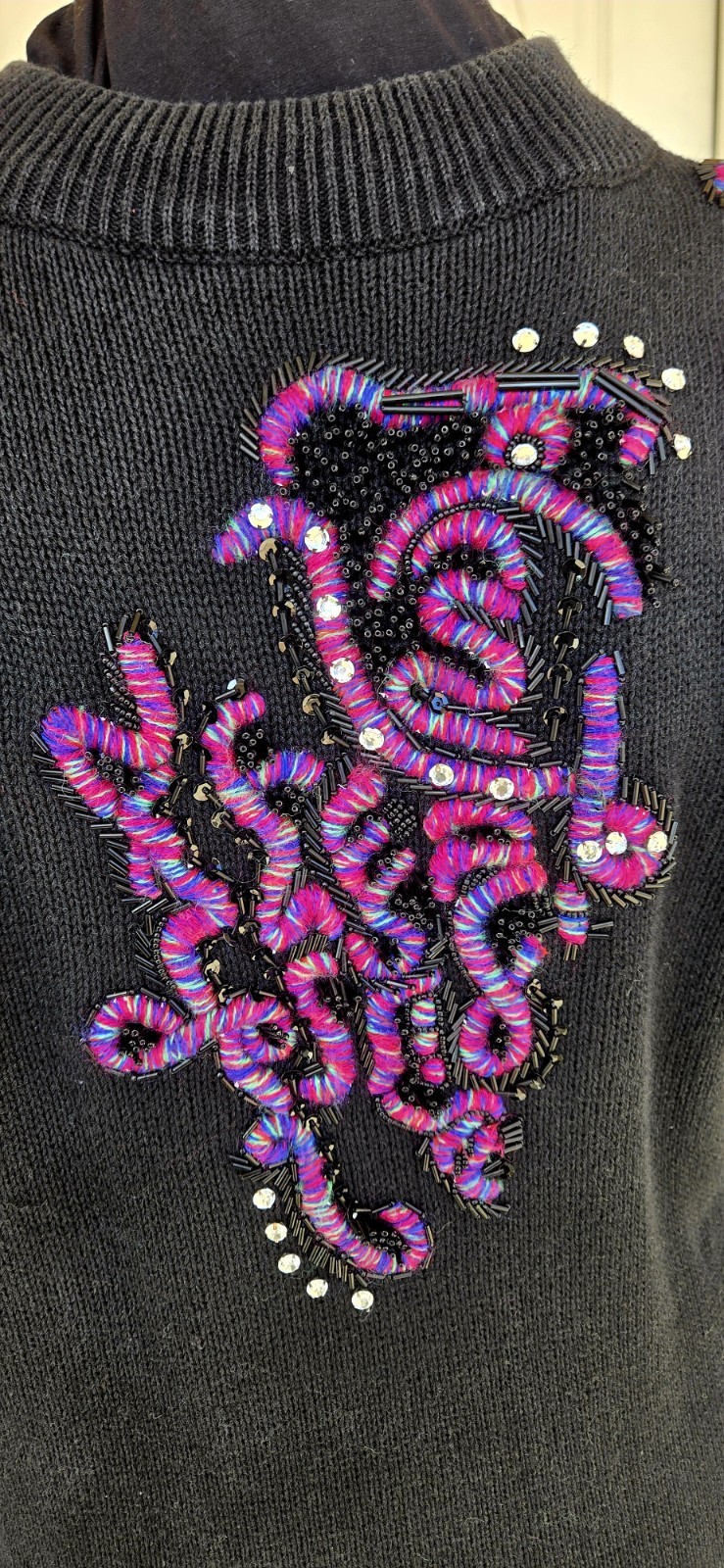 1980s P.A. INTERNATIONAL Black Multi-Color Embroidered Beaded Sequined Sweater M