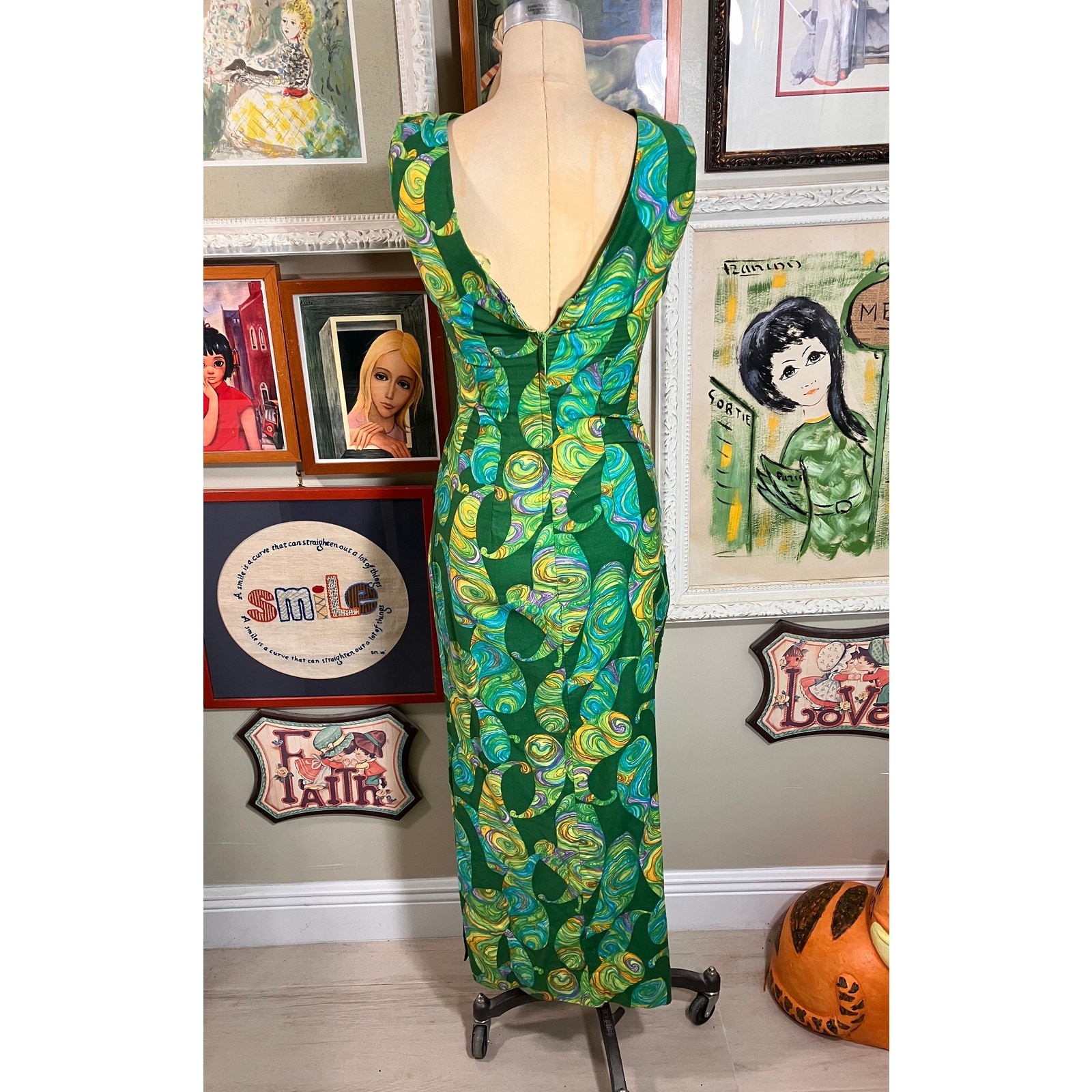Vintage 1960s Calabash House Ja-Na of Hawaii Maxi Dress Paisley Abstract Cotton