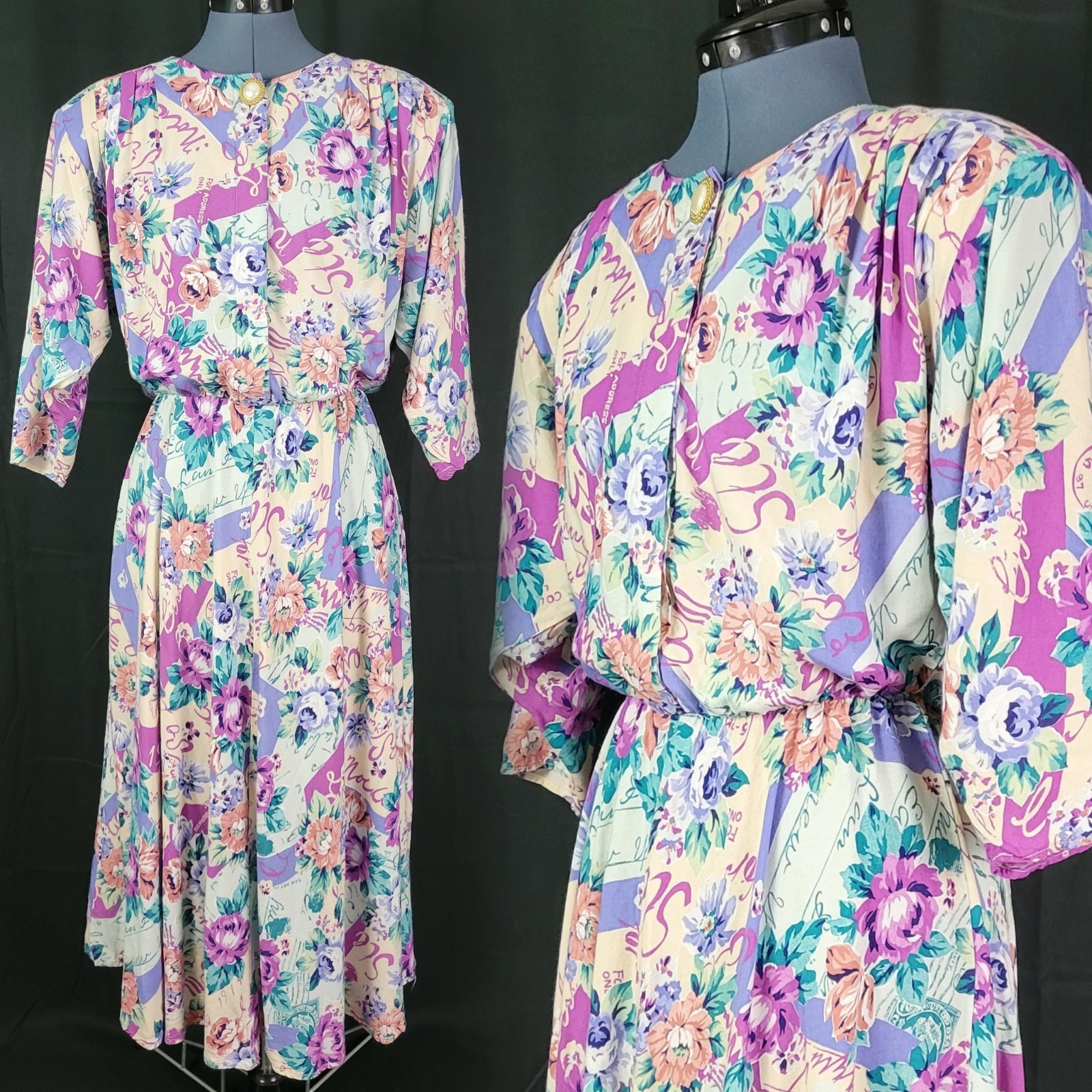 Vtg Nina Piccalino II Purple/Peach/Green Floral Blouson Dress Size 13