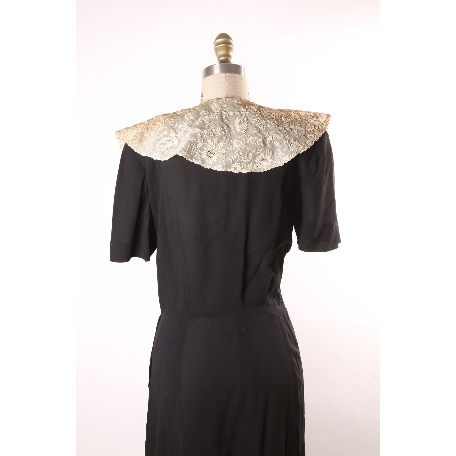 1940s Cream Black Lace Short Sleeve Formal Dress by Eisenberg Originals