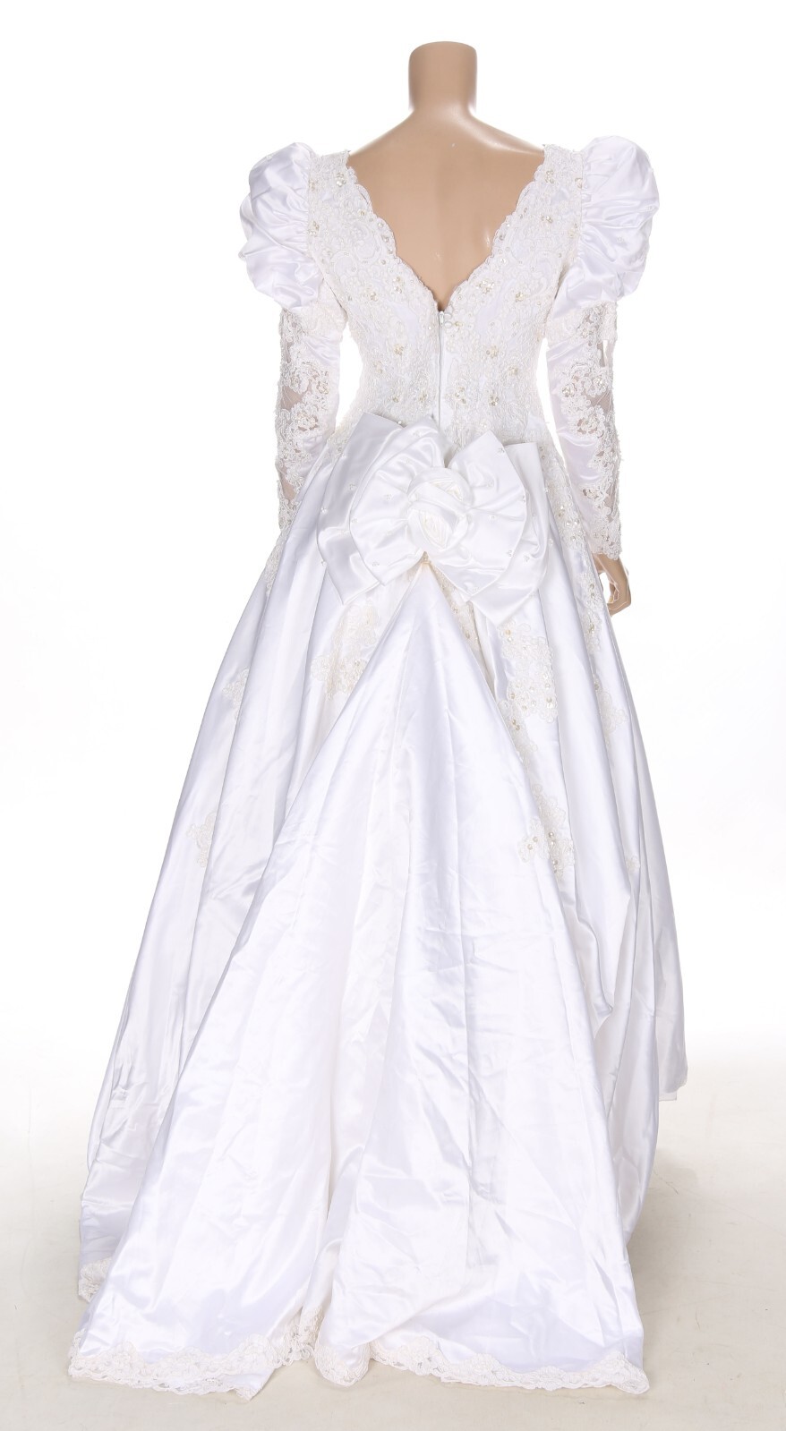 Mon Cheri Vintage 80s 90s White Satin Alencon Lace Long Sleeve Wedding Dress 8