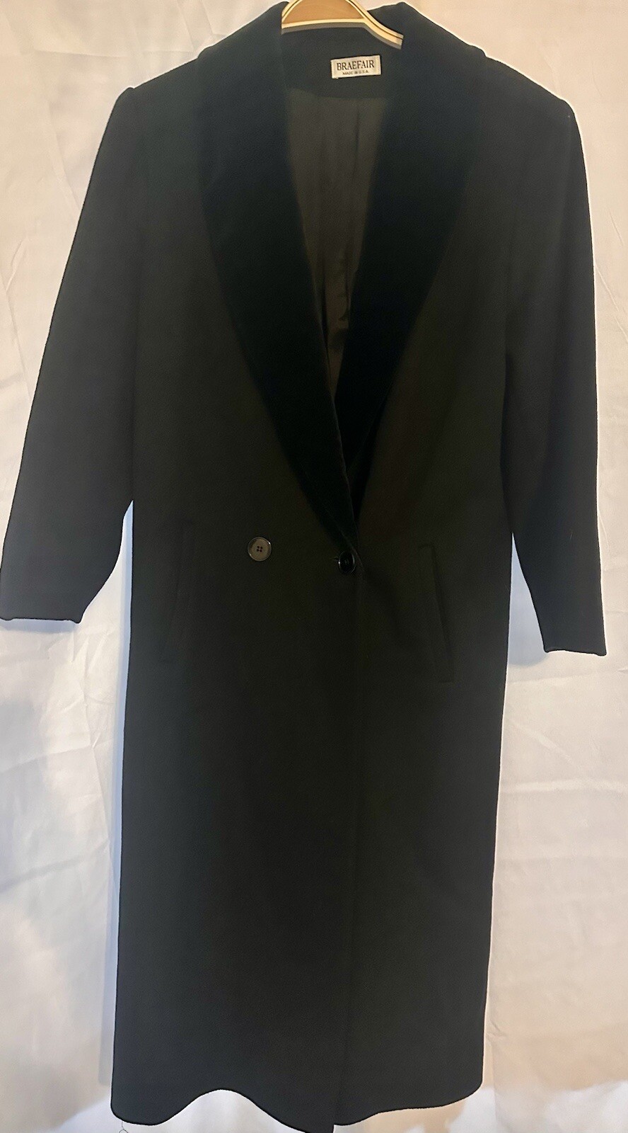 Vintage Braefair Womens Full Length Black Wool Trench Coat Jacket XL Dbl Breast