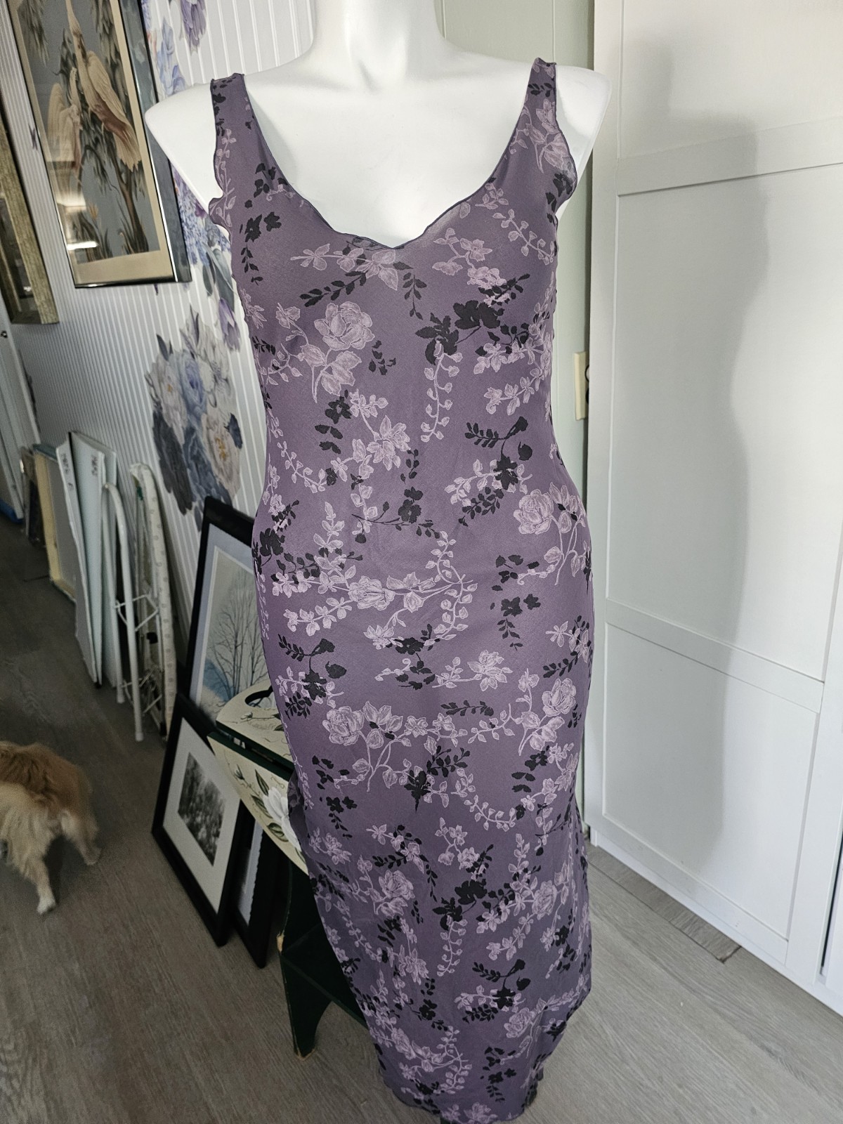VTG Calvin Klein Purple Floral Mesh Slip Dress Nightgown Semi Sheer 90s Y2K