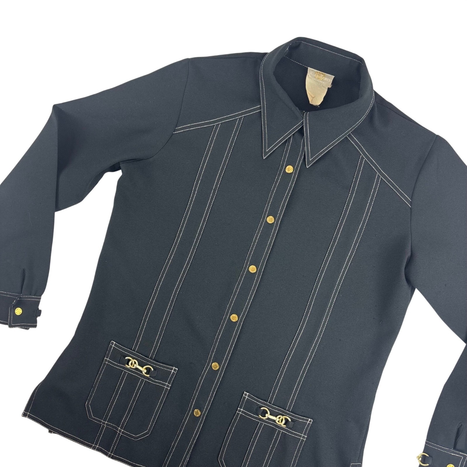 Vintage 70s Black Blouse Womens Large Gold Buttons & Buckles Button Down Shirt