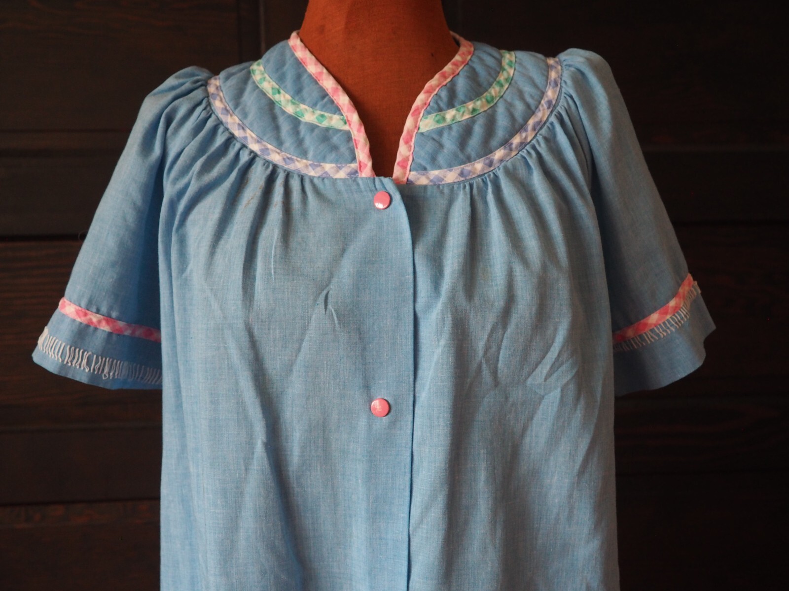 VtG 70s 80s Blue Chambray Lounge Duster Snap Front Pocket Cottage House Dress M