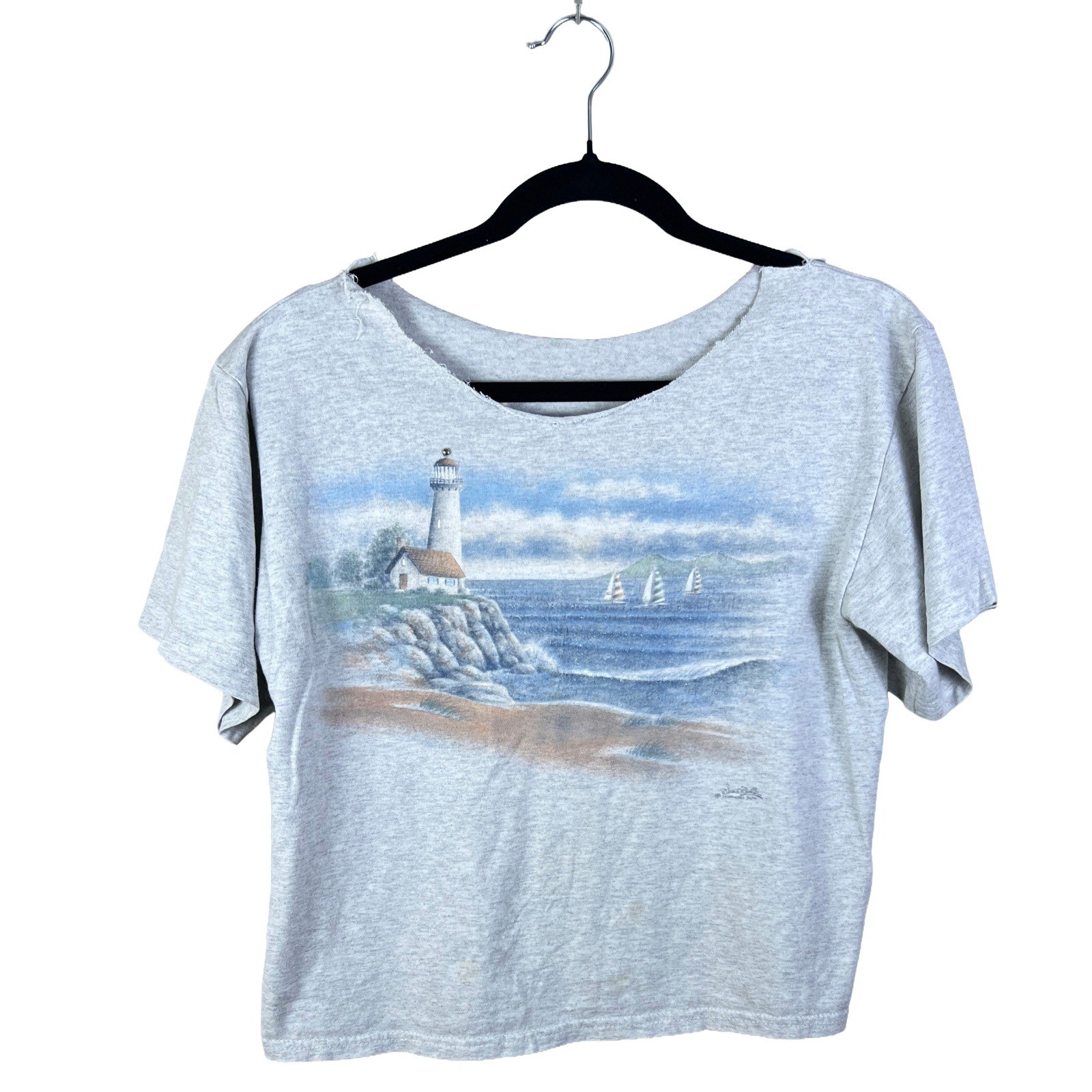 Vintage Morning Sun Lighthouse Graphic Tee Gray Raw Cut Crop Top Large 90s