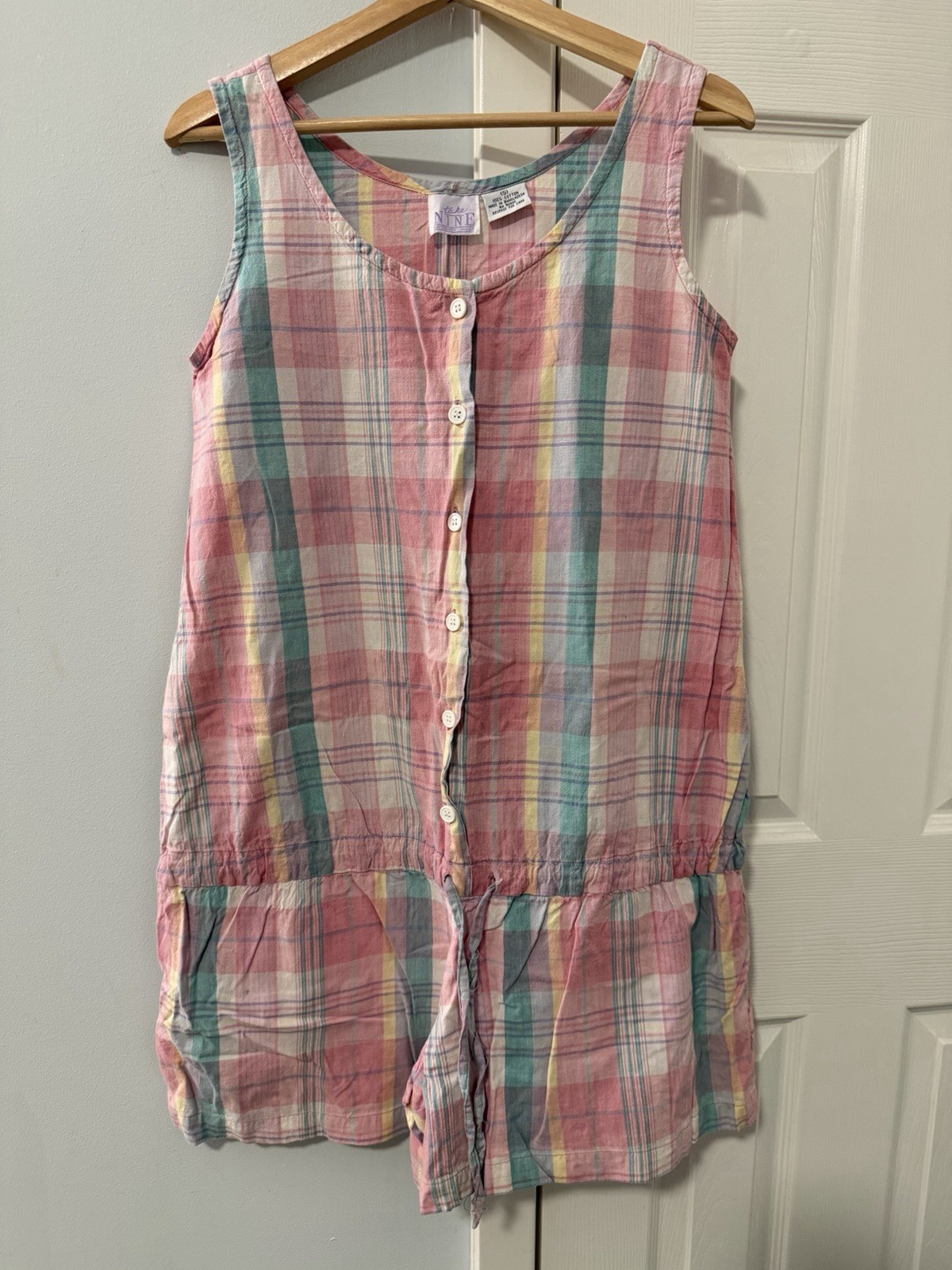 Vintage 90’s Take Nine Maternity Romper Sz S Pastel Plaid Drop Waist Button Up