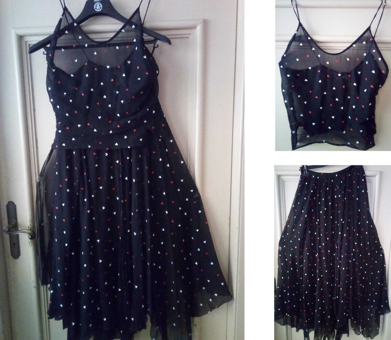 Basile Black Silk Voile 2 Piece Dress White and Red Hearts. 80s size 44