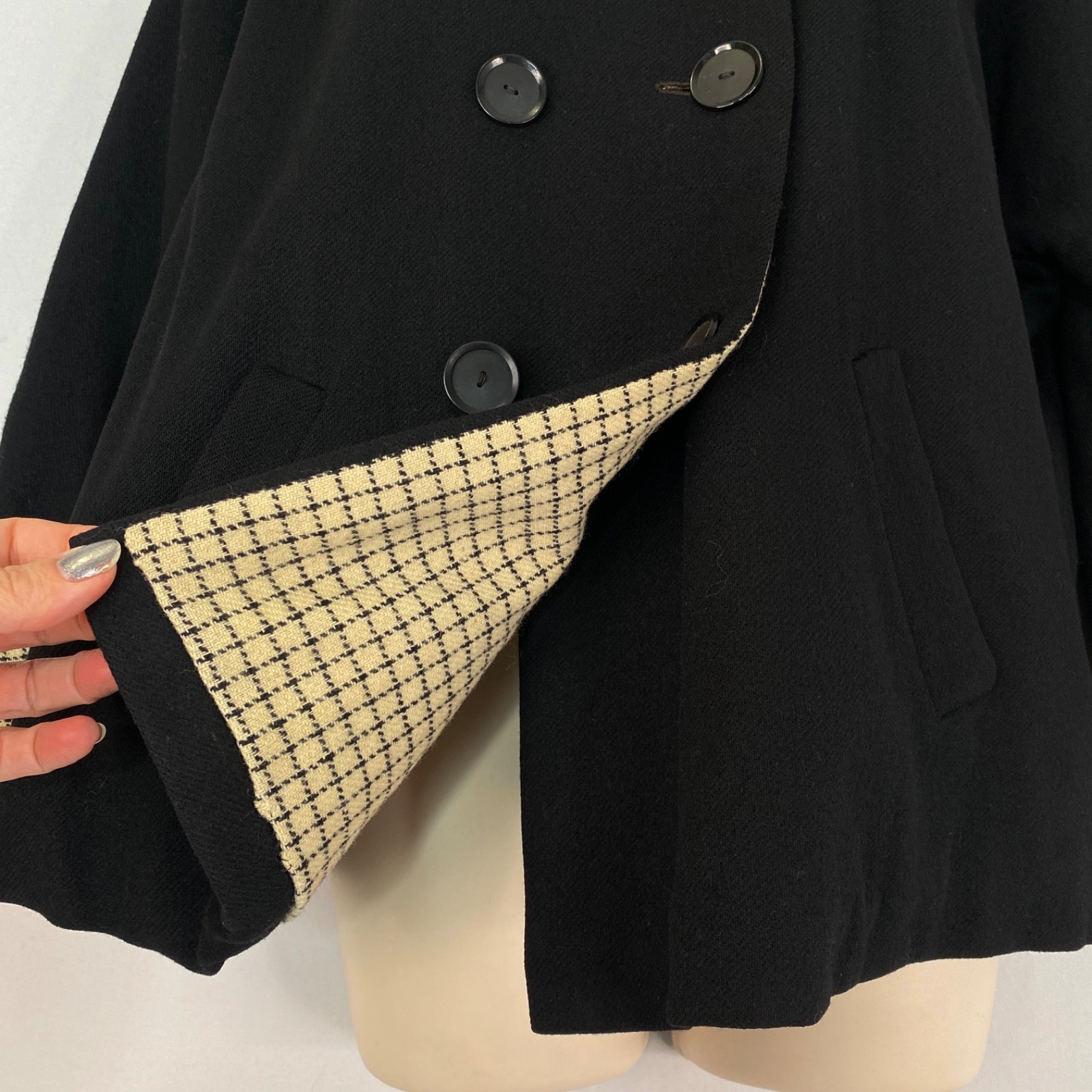 Vintage 1950s black wool oversized jacket ivory white reversible pea coat