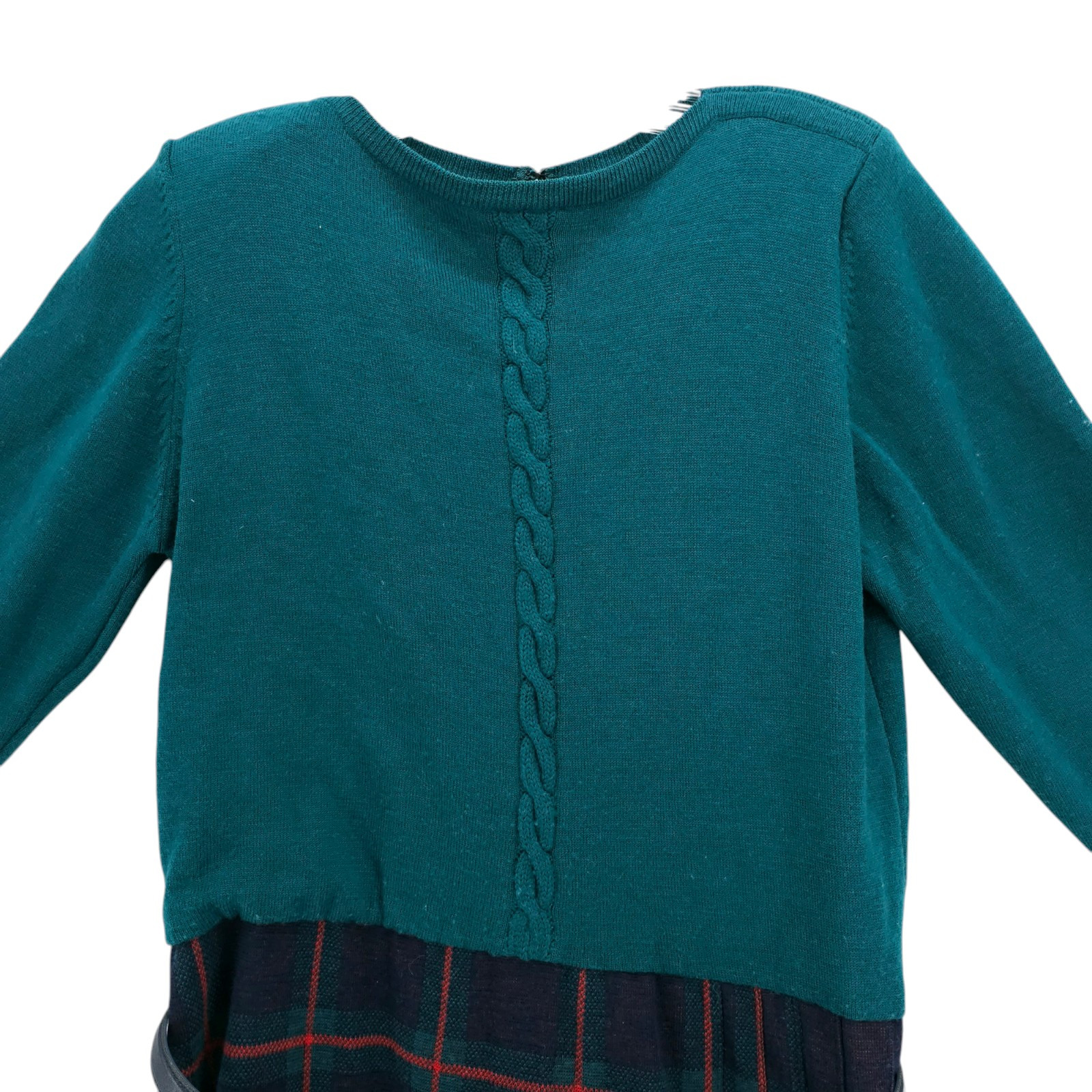 Vintage 80s Ciao Ltd 100% Pure Wool Sweater Dress Plaid Pleated Scarf Size 14