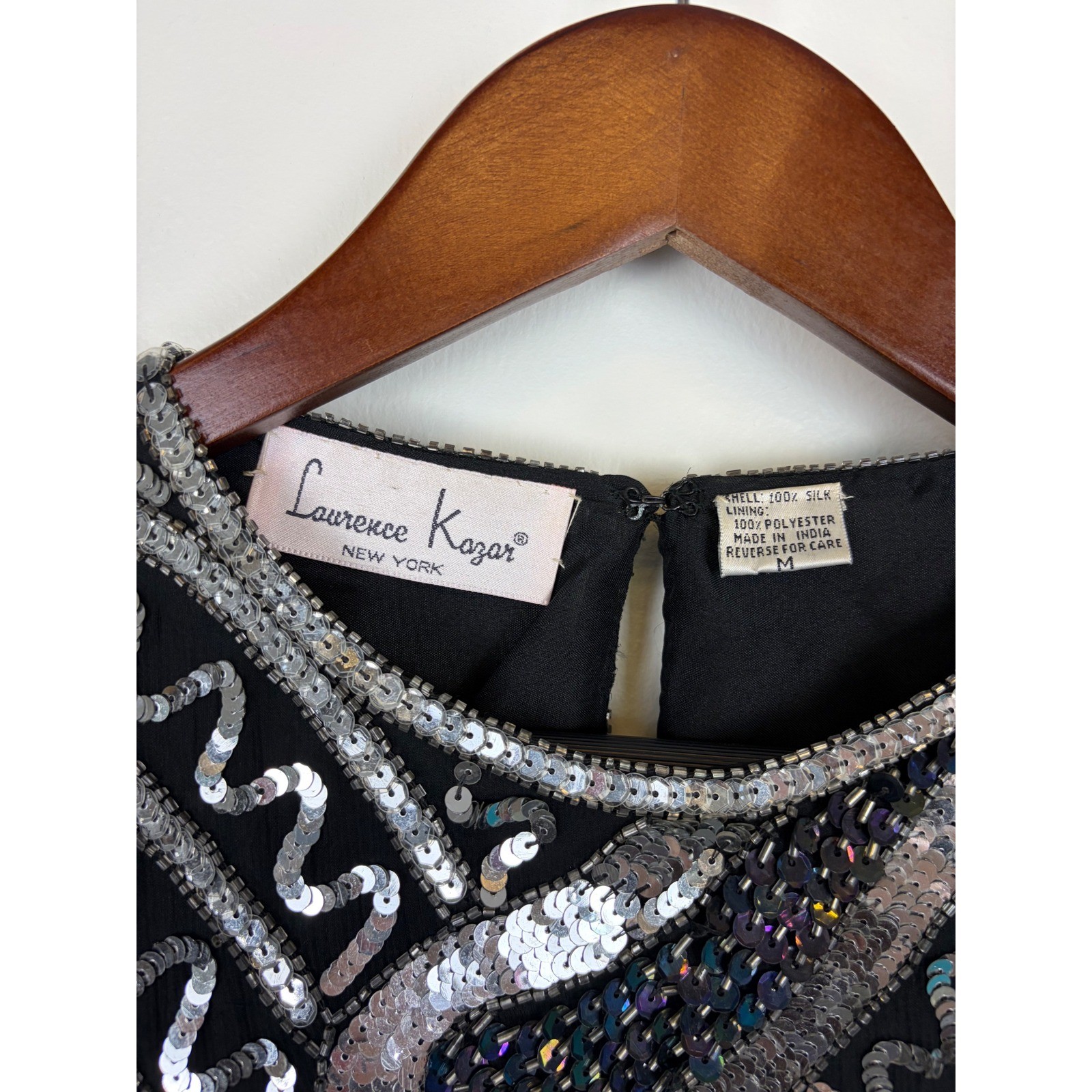 Laurence Kazar Sequin Top M Black Silver Vintage Beaded Silk Evening Party Glam
