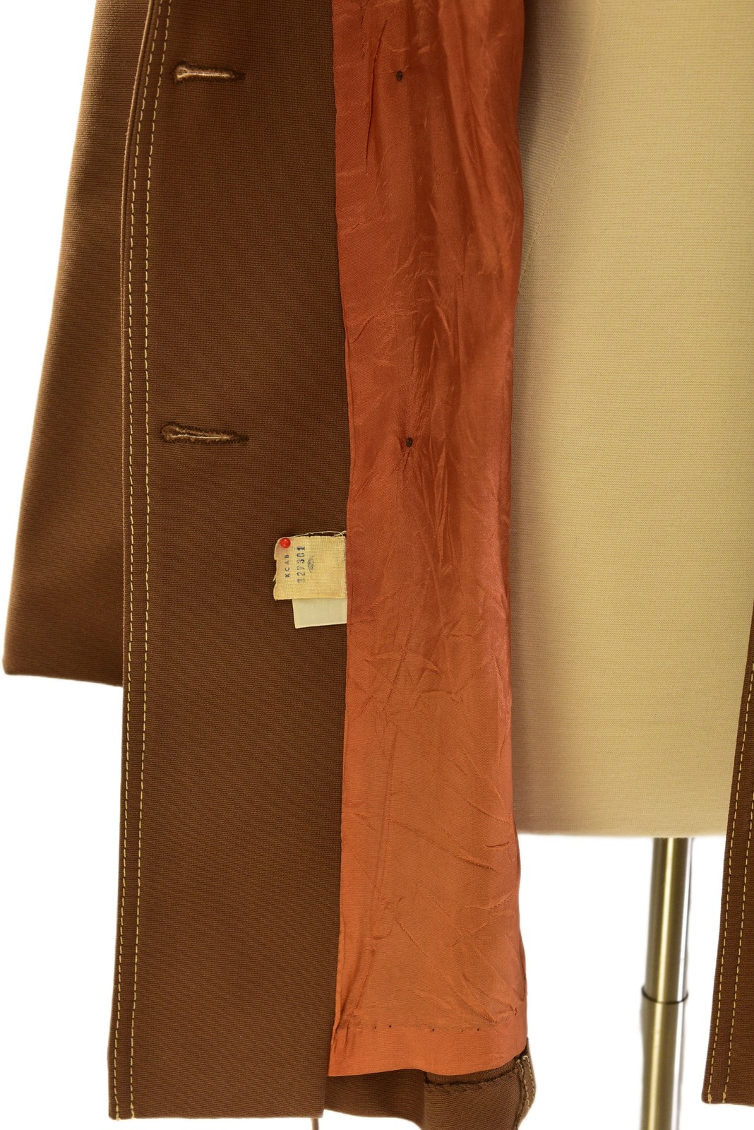 60s Brown Double Breasted Coat Ivory Top Stitching Womens L