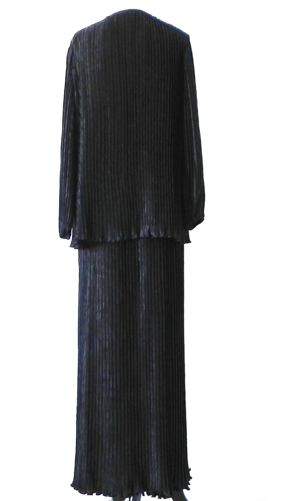 Vtg Three Flaggs 2PC Open Duster/Maxi Pleated Shinny Black Size L