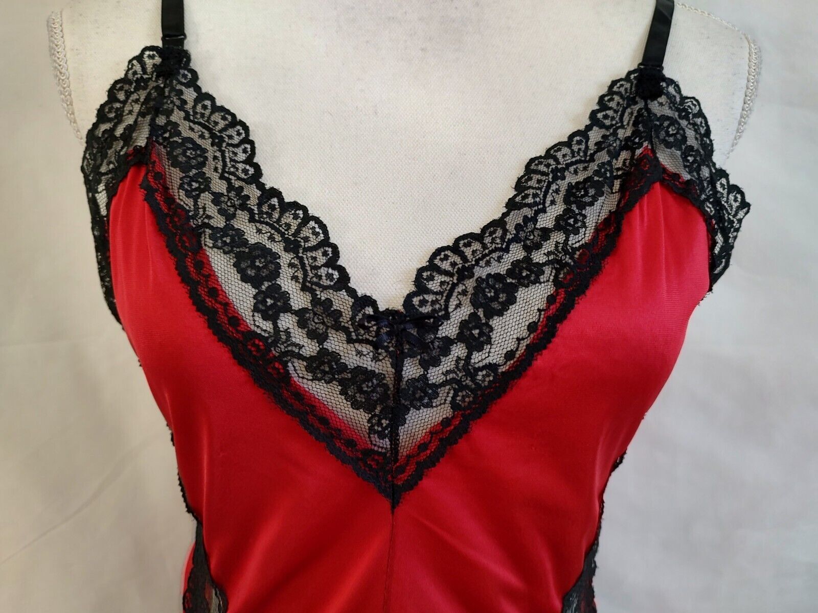 80’s Vintage Teddy Romper Red Nylon & Black Lace Super High Cut Leg Sexy Sz S